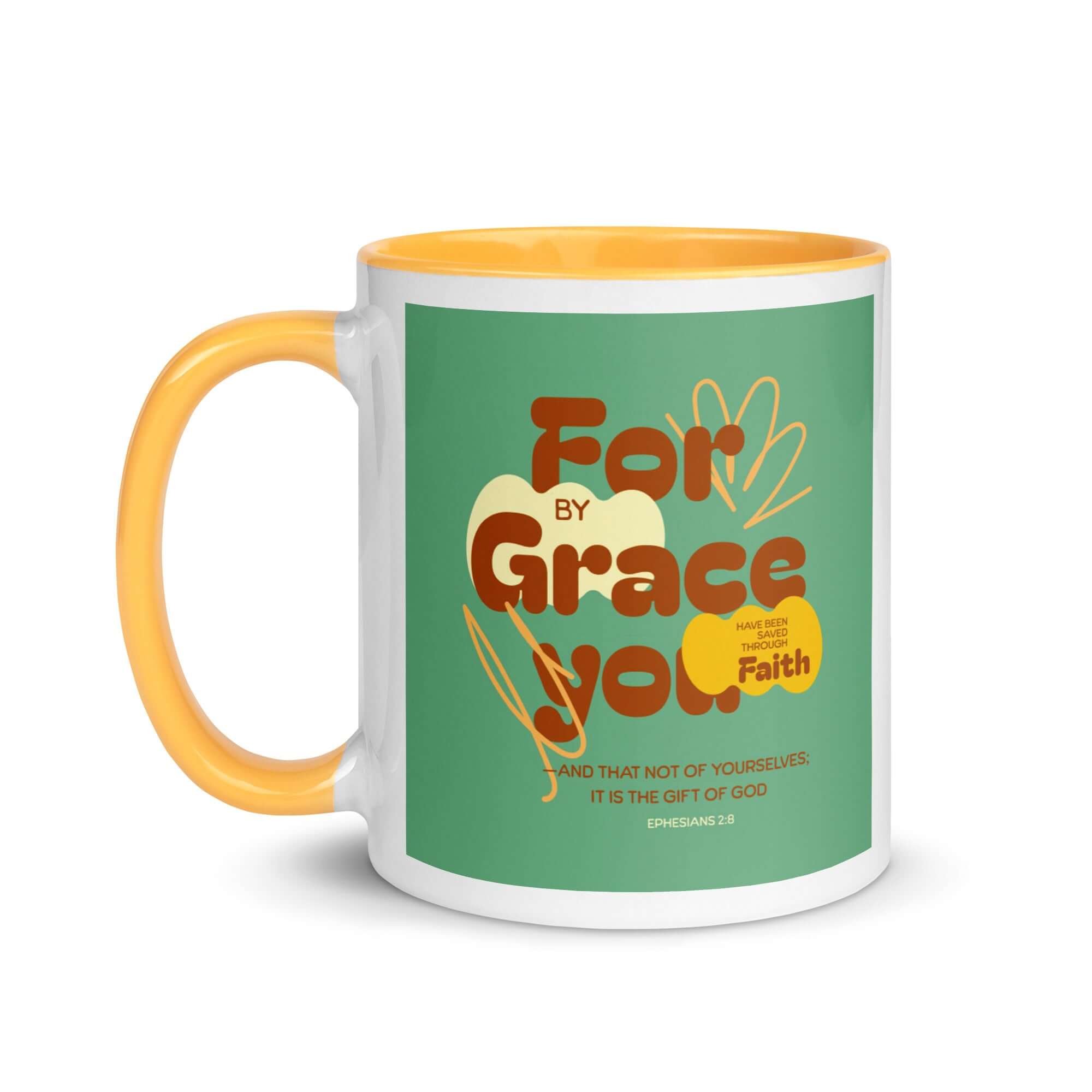 Ephesians 2:8 Bible Verse, for by grace White Ceramic Mug with Color Inside