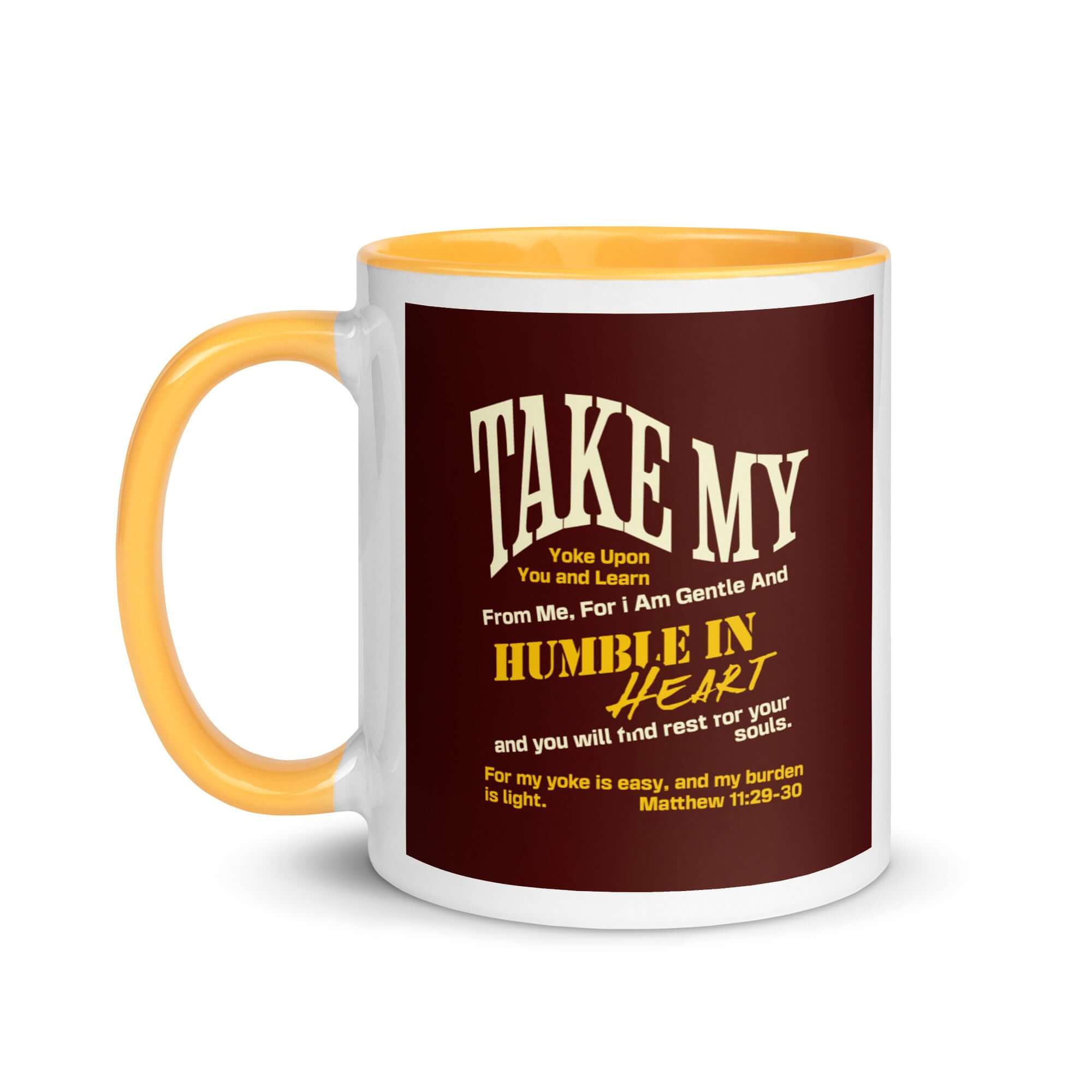 Matthew 11:29-30 Bible Verse, learn from me White Ceramic Mug with Color Inside