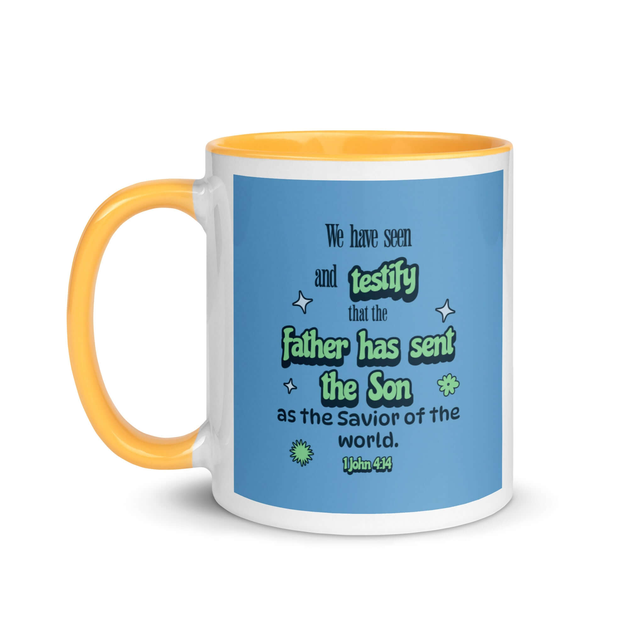 1 John 4:14 Bible Verse, sent the Son White Ceramic Mug with Color Inside