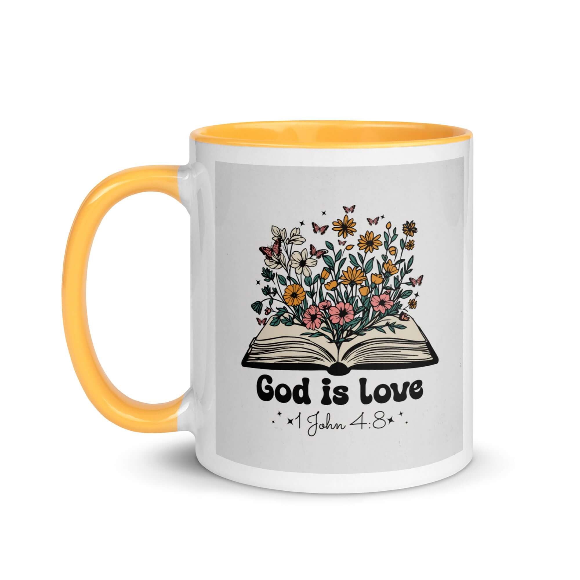 1 John 4:8 Bible Verse, God is Love White Ceramic Mug with Color Inside