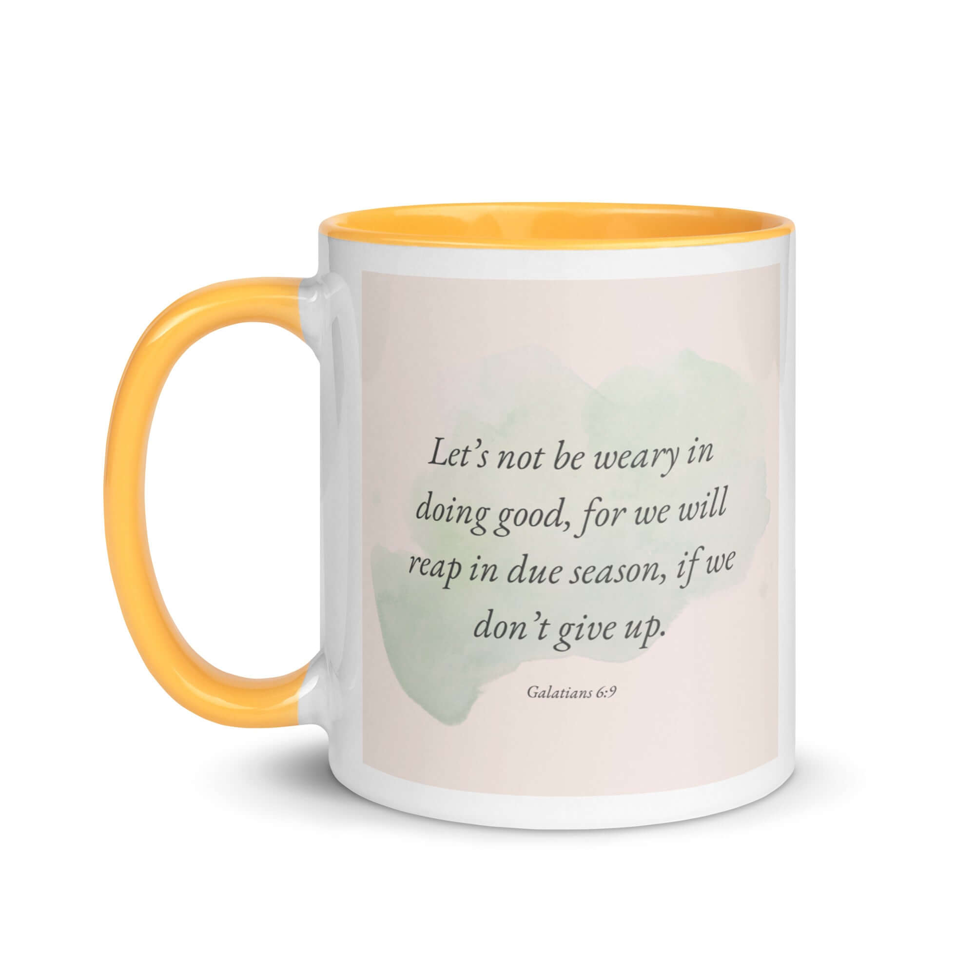 Galatians 6:9 Bible Verse, not be weary White Ceramic Mug with Color Inside