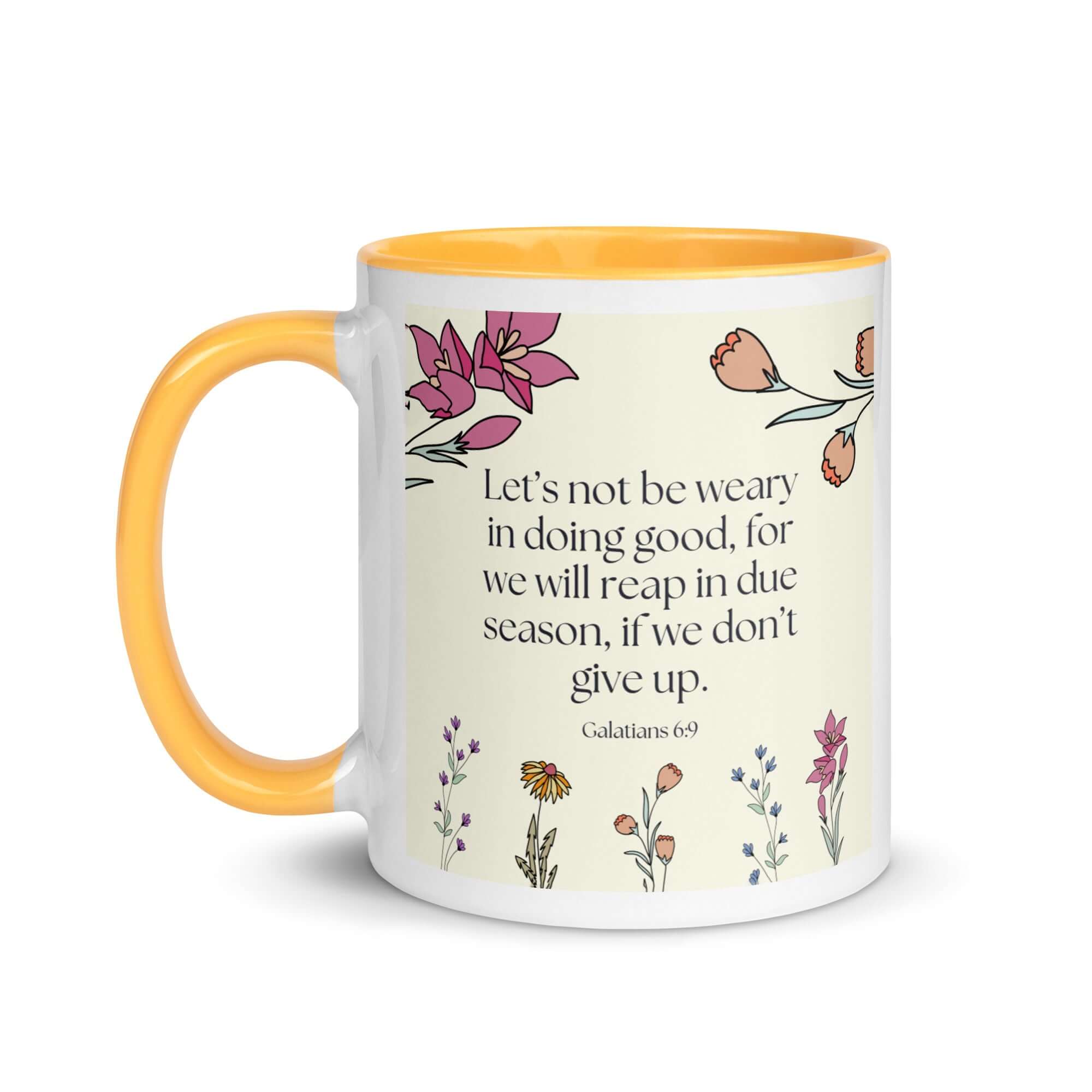 Galatians 6:9 Bible Verse, in doing good White Ceramic Mug with Color Inside