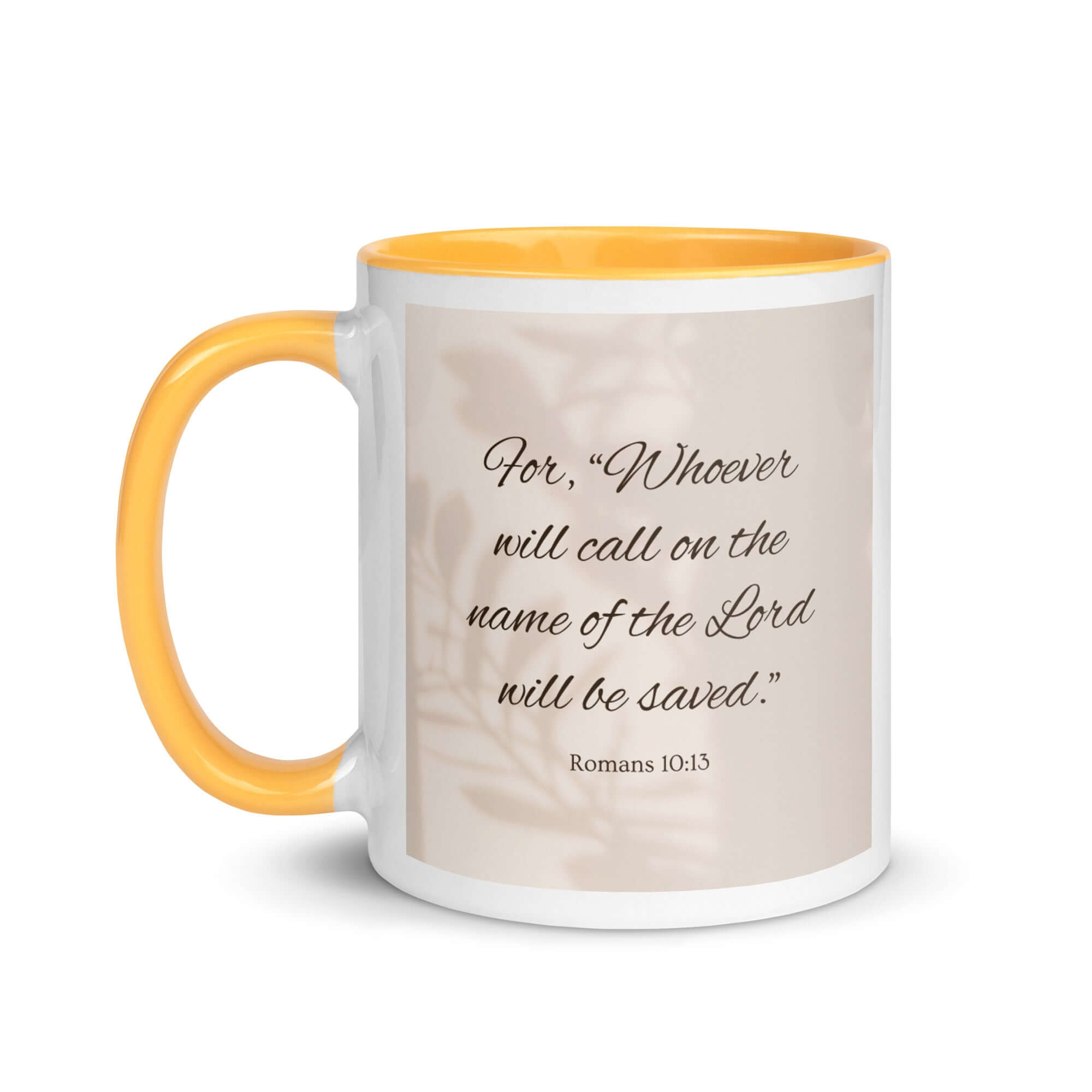 Romans 10:13 Bible Verse, Whoever White Ceramic Mug with Color Inside