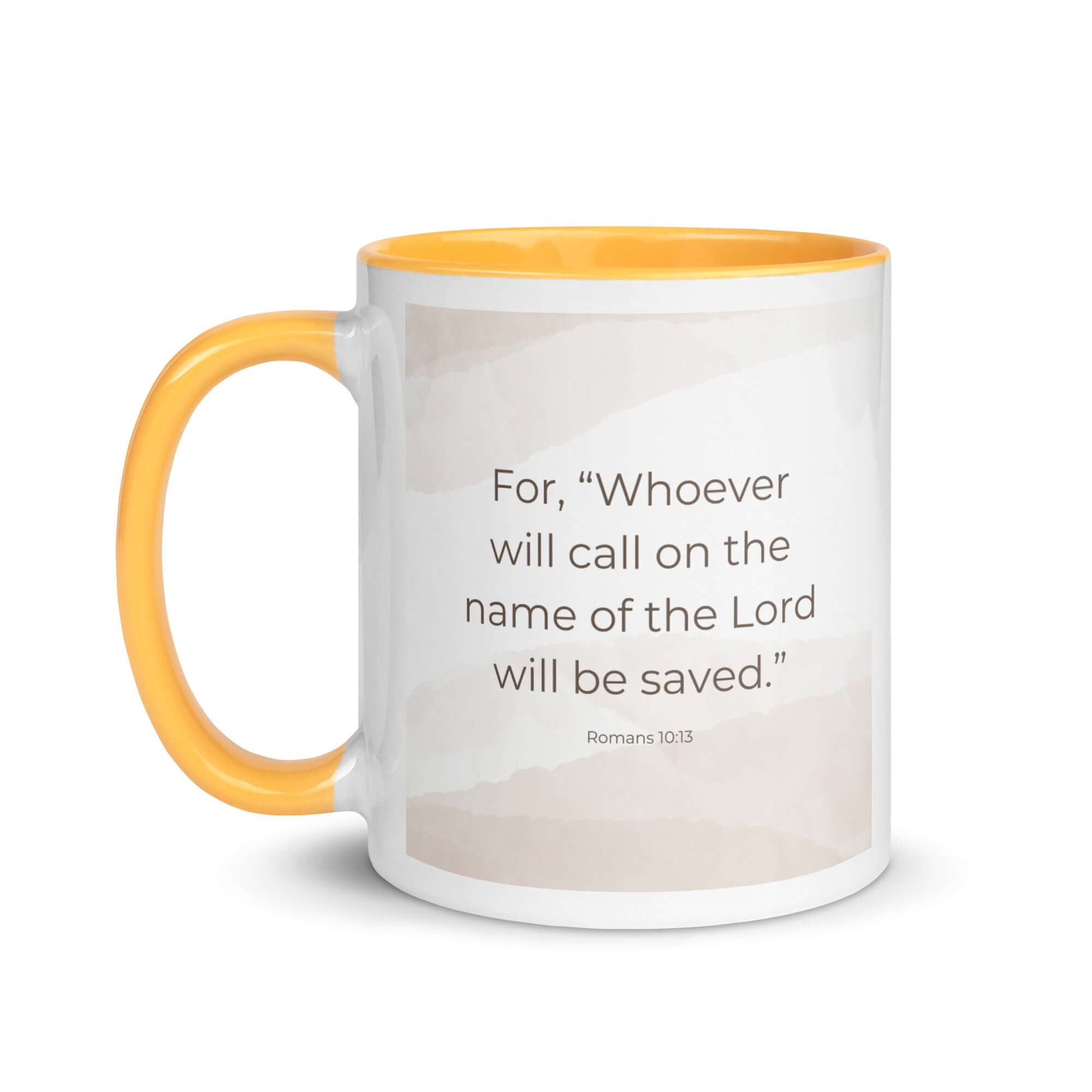 Romans 10:13 Bible Verse, the name White Ceramic Mug with Color Inside