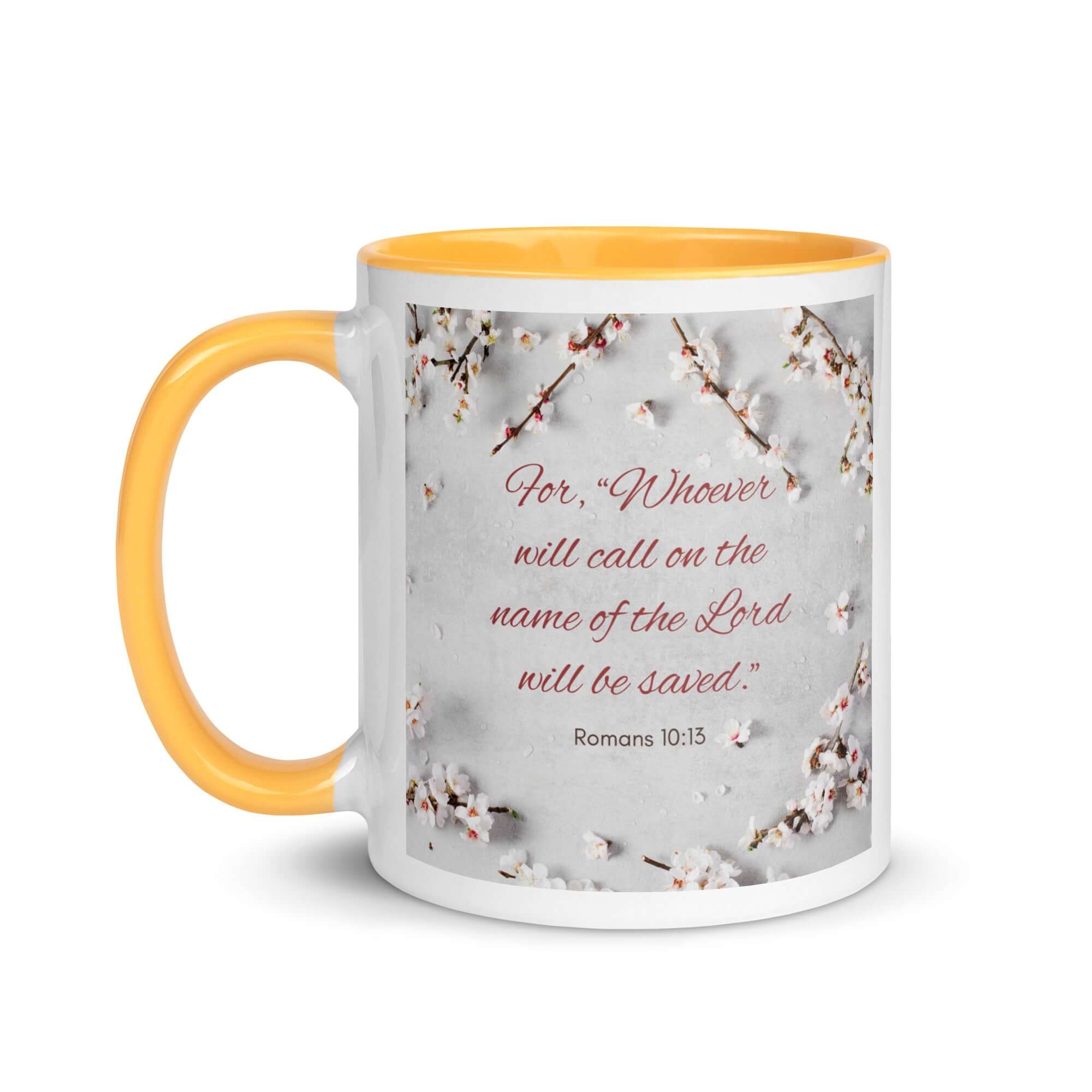 Romans 10:13 Bible Verse, the Lord White Ceramic Mug with Color Inside