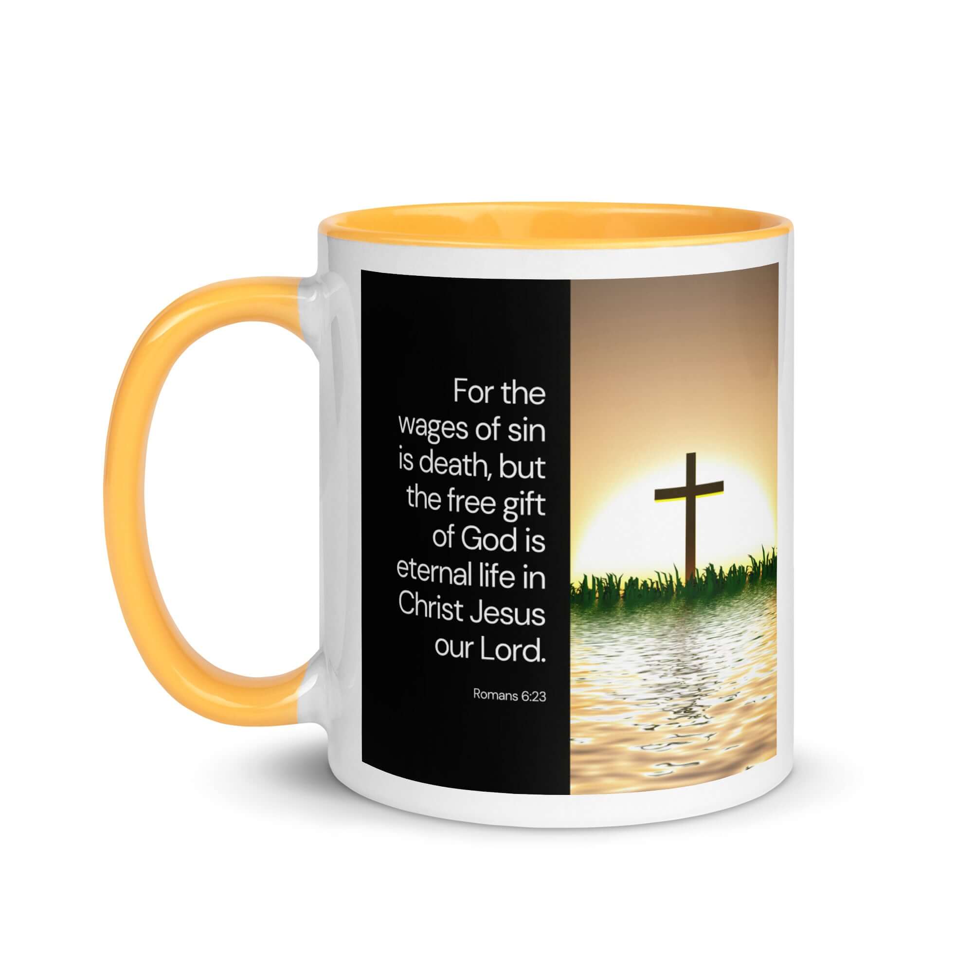Romans 6:23 Bible Verse, the wages White Ceramic Mug with Color Inside
