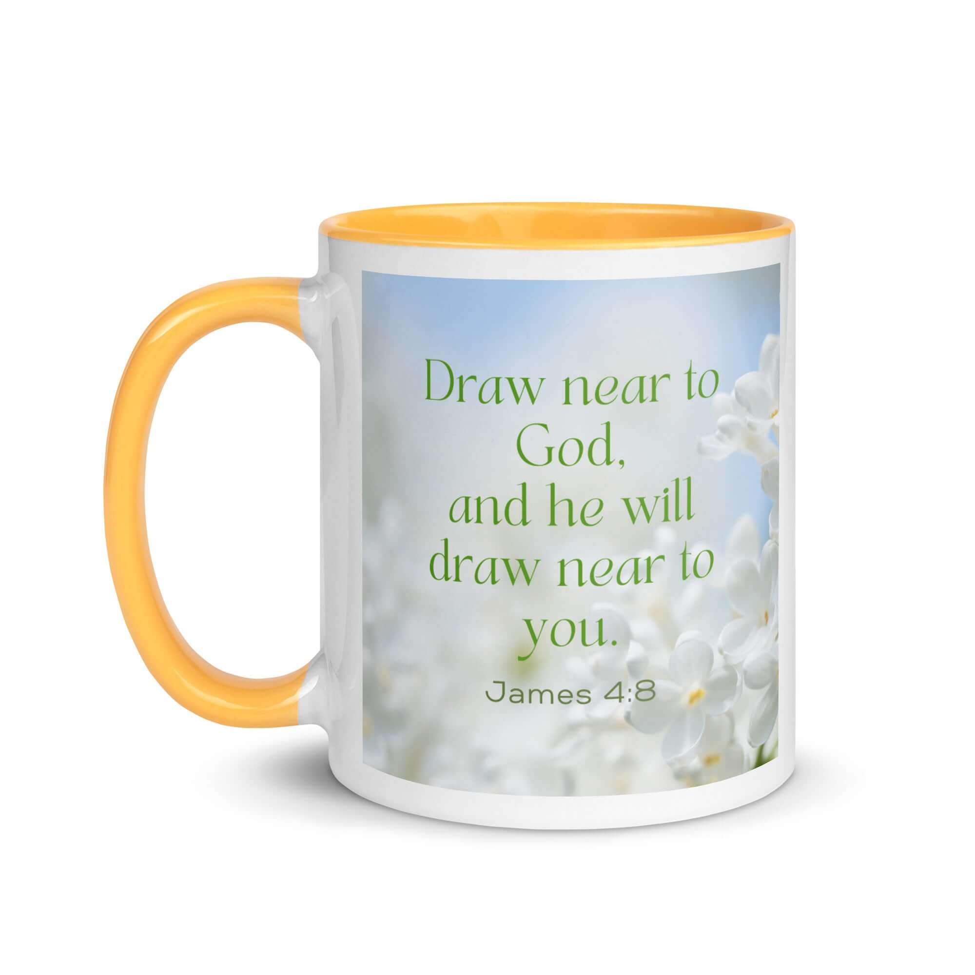 James 4:8 Bible Verse, Draw near White Ceramic Mug with Color Inside