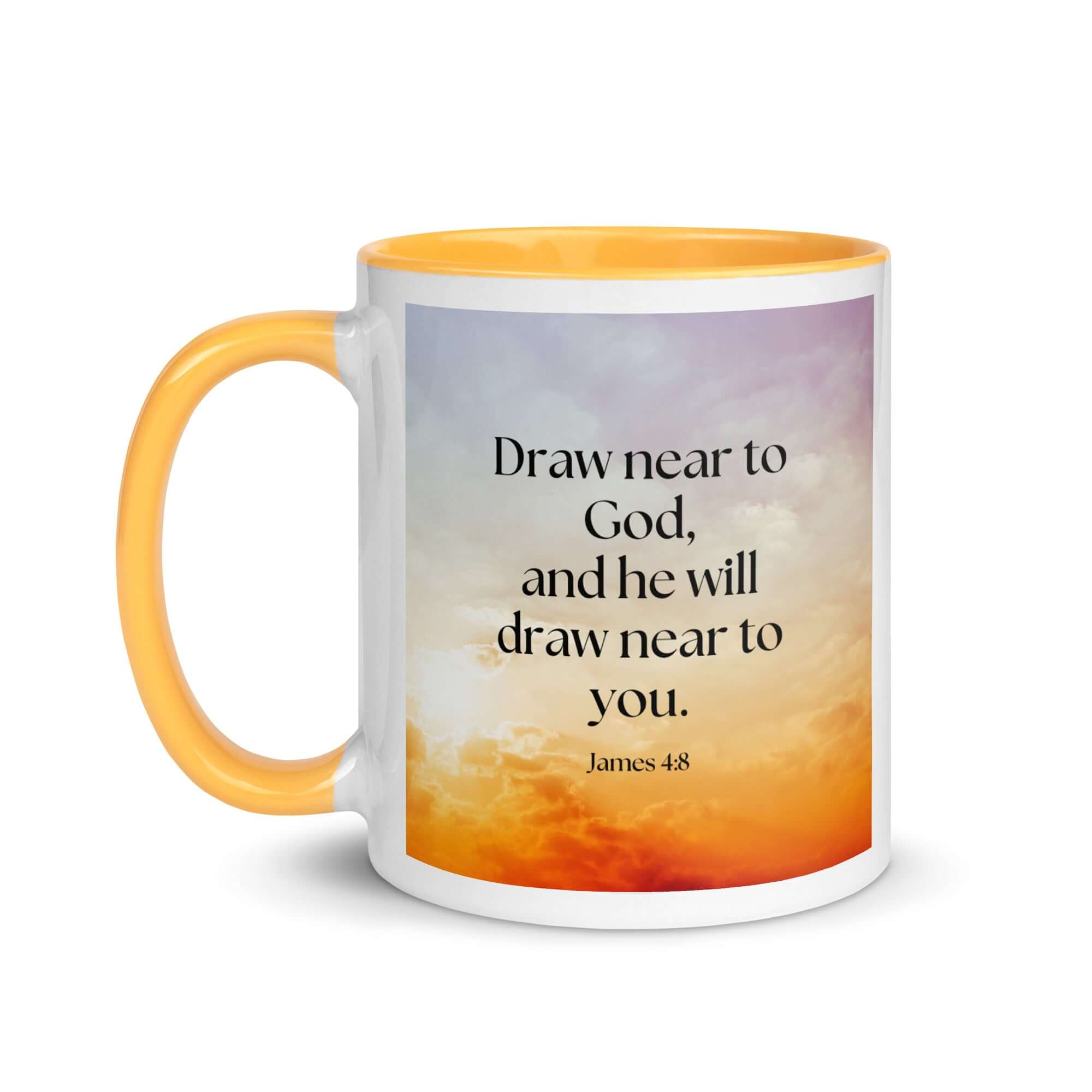 James 4:8 Bible Verse, he will draw White Ceramic Mug with Color Inside