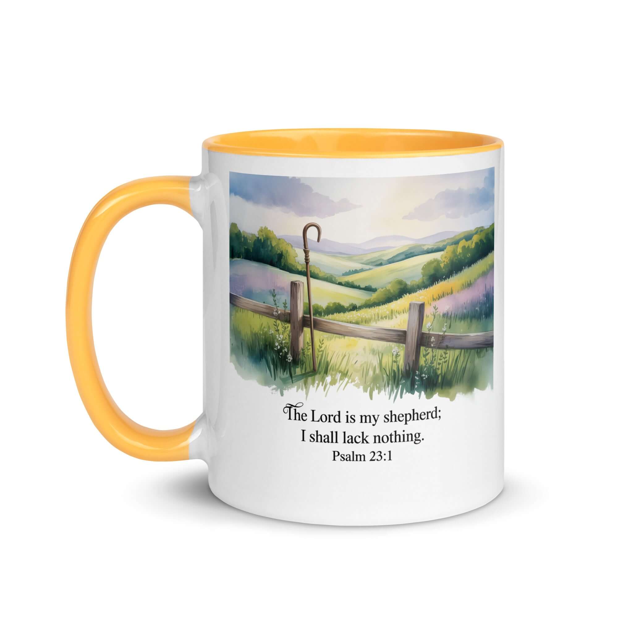 Psalm 23:1 Bible Verse, Lack White Ceramic Mug with Color Inside