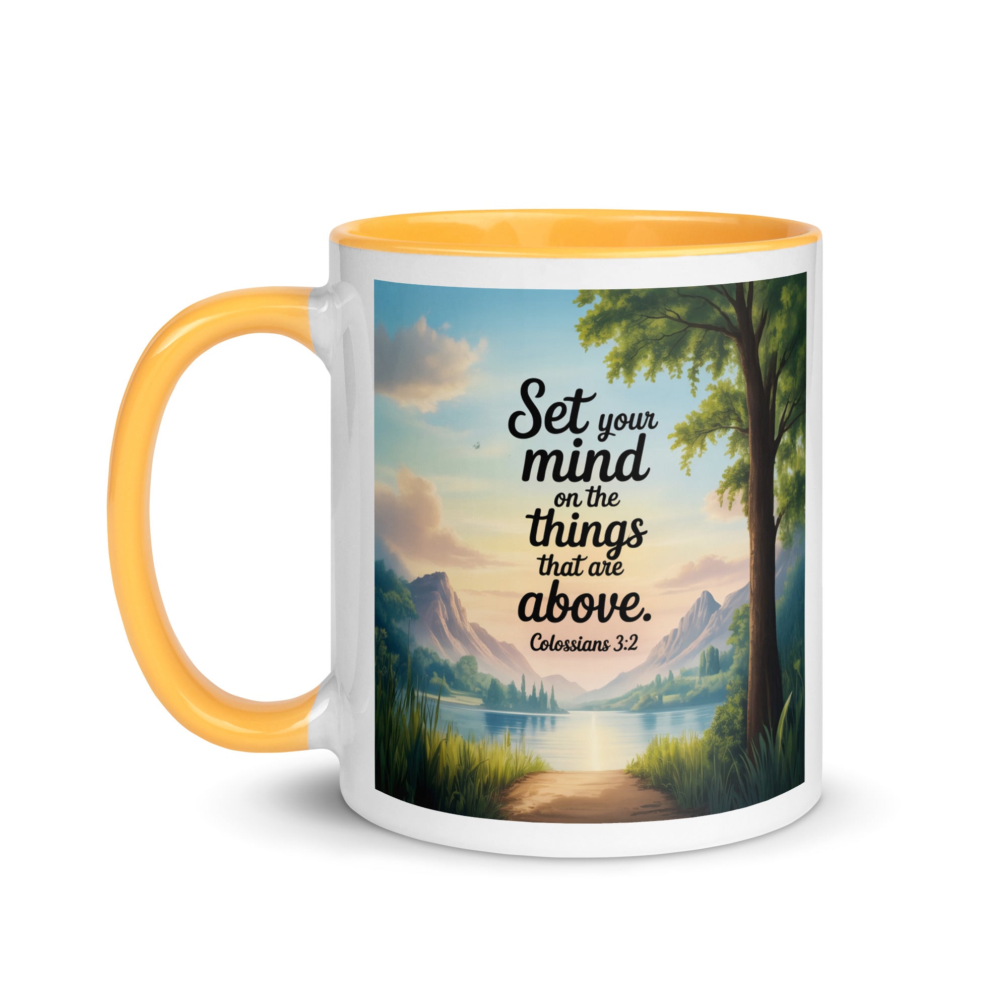 Colossians 3:2 Bible Verse Set White Ceramic Mug with Color Inside