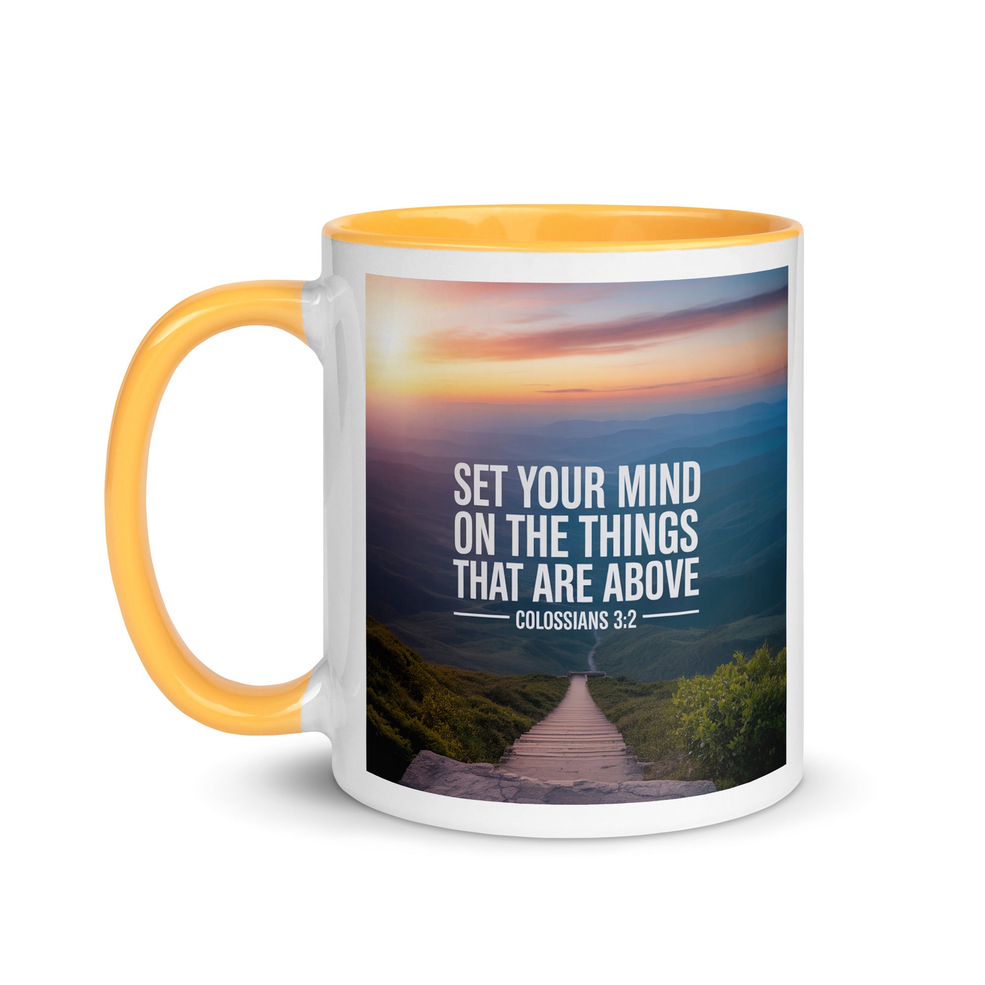 Colossians 3:2 Bible Verse your mind White Ceramic Mug with Color Inside