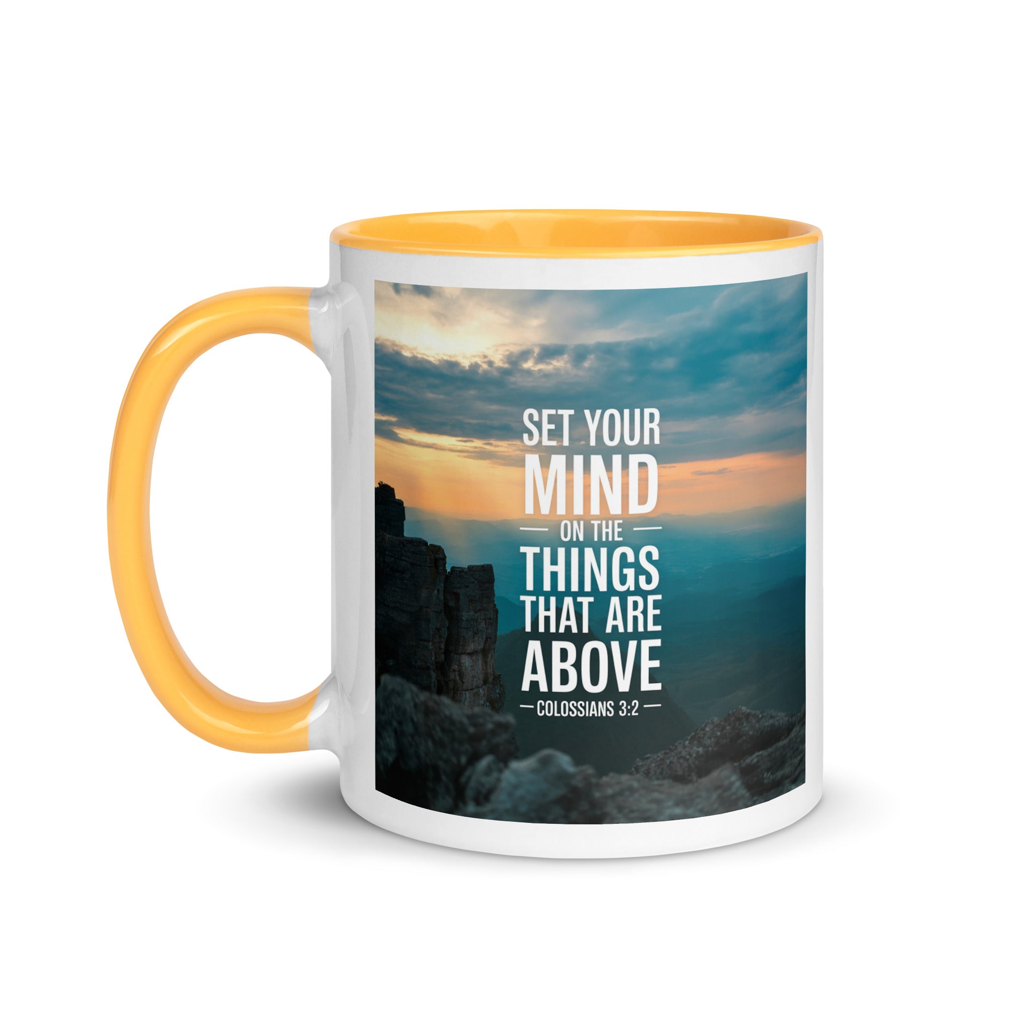 Colossians 3:2 Bible Verse on the White Ceramic Mug with Color Inside