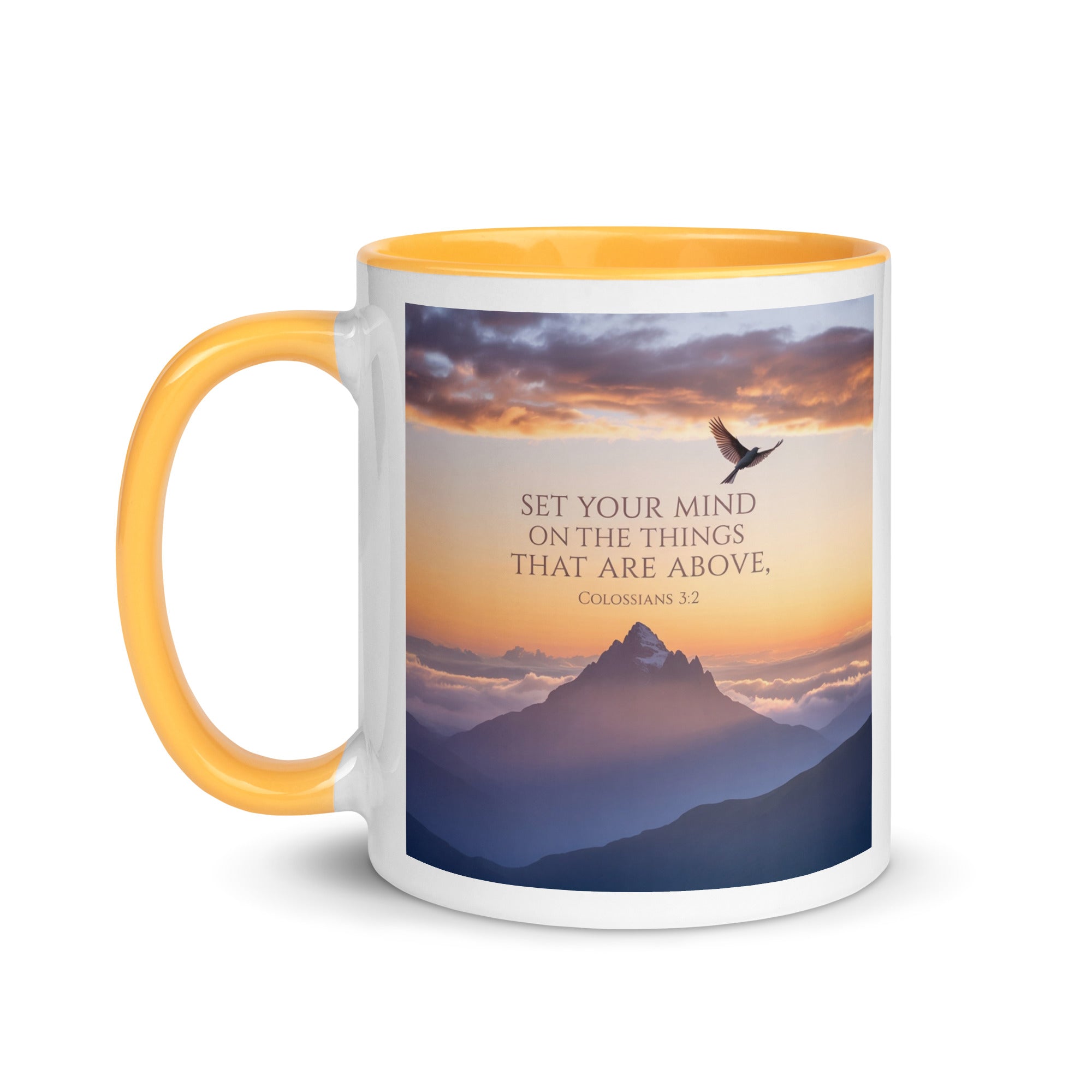 Colossians 3:2 Bible Verse are above White Ceramic Mug with Color Inside