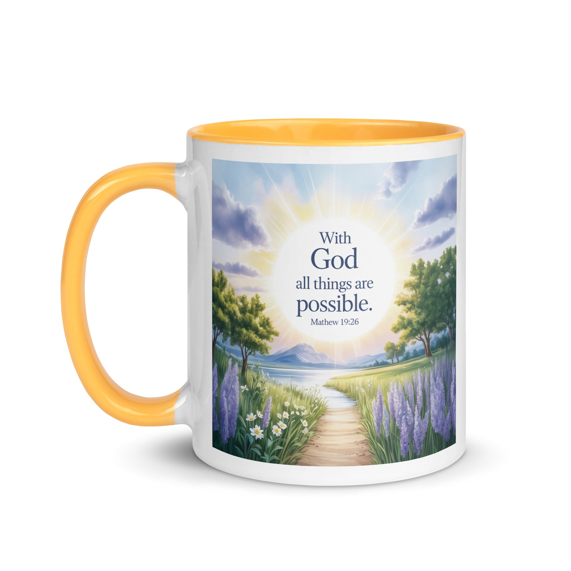 Matthew 19:26 Bible Verse Looking at White Ceramic Mug with Color Inside