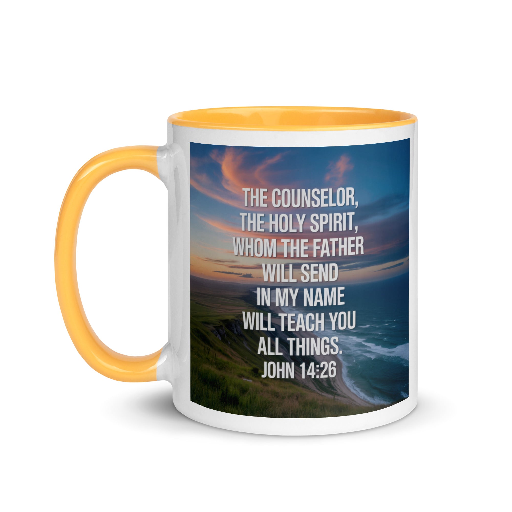 John 14:26 Bible Verse will teach White Ceramic Mug with Color Inside