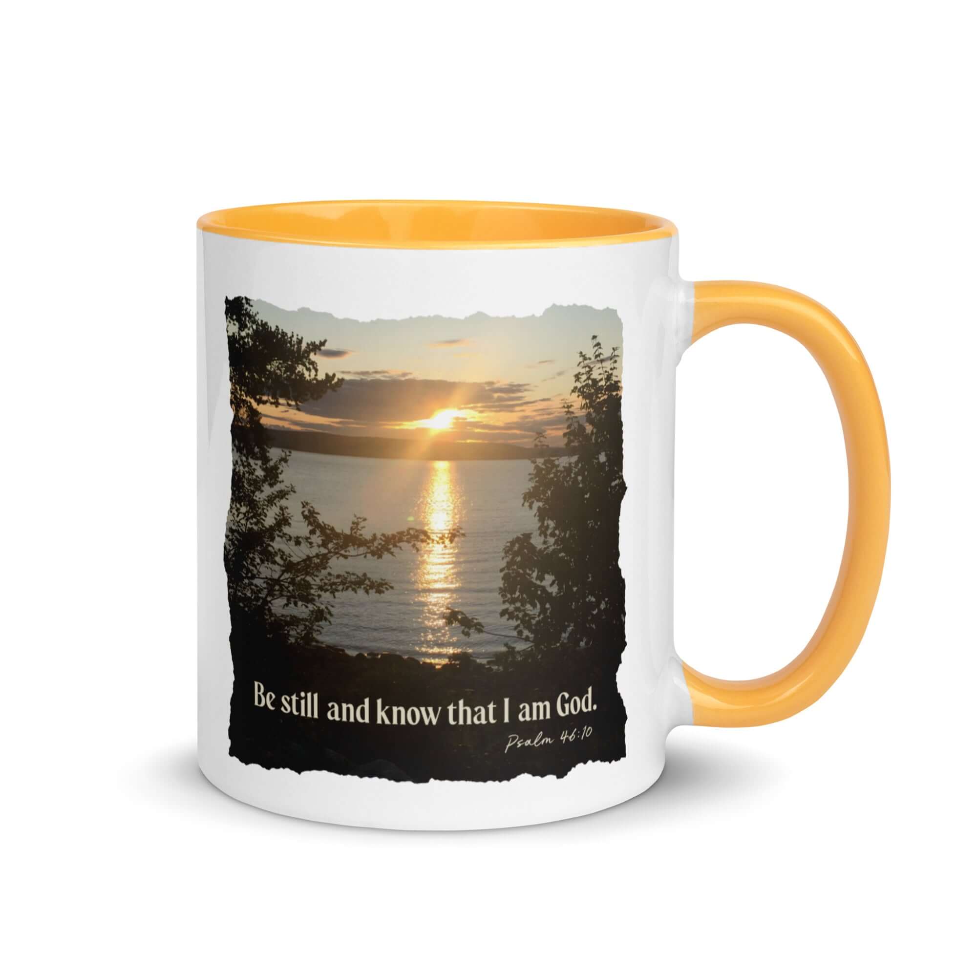 Psalm 46:10 Bible Verse, Sunset Glory White Ceramic Mug with Color Inside Golden Yellow 11 oz
