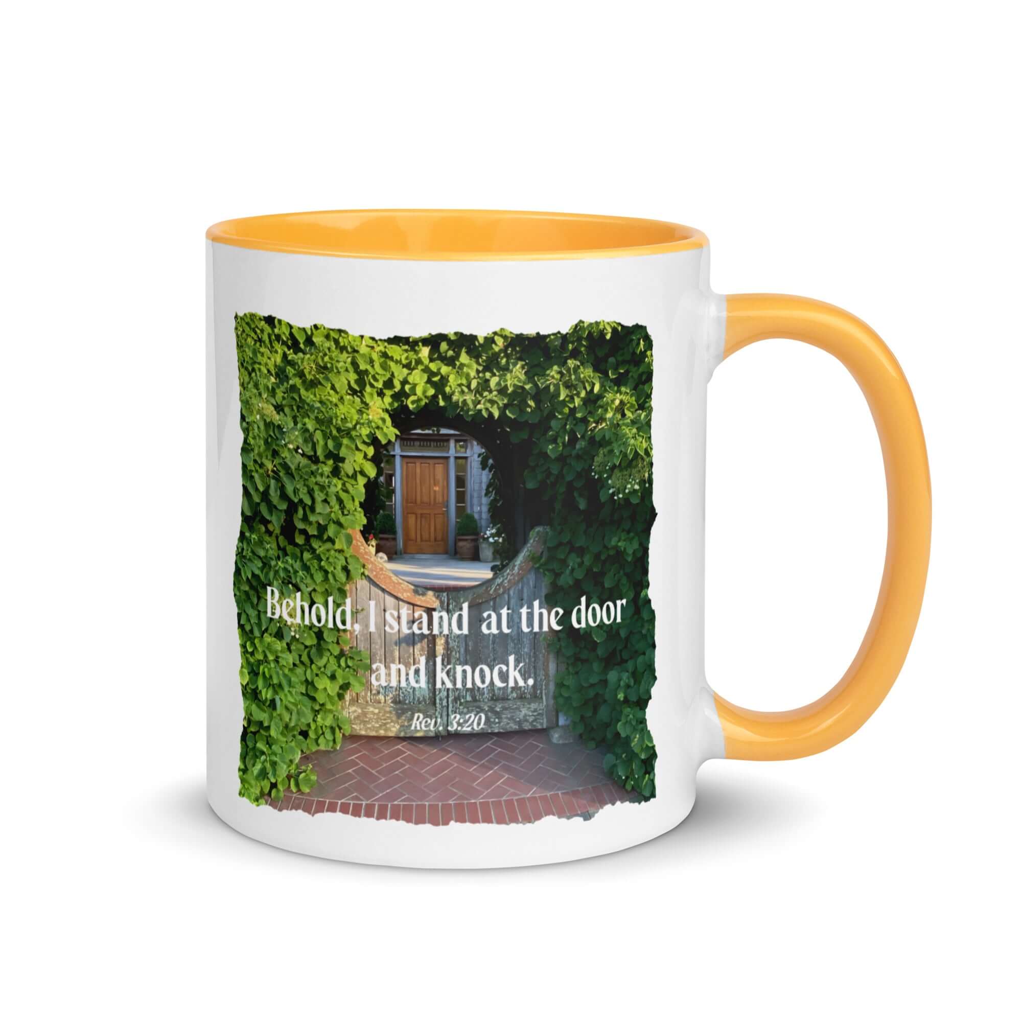 Revelation 3:20 Bible Verse, Garden Doorway White Ceramic Mug with Color Inside Golden Yellow 11 oz