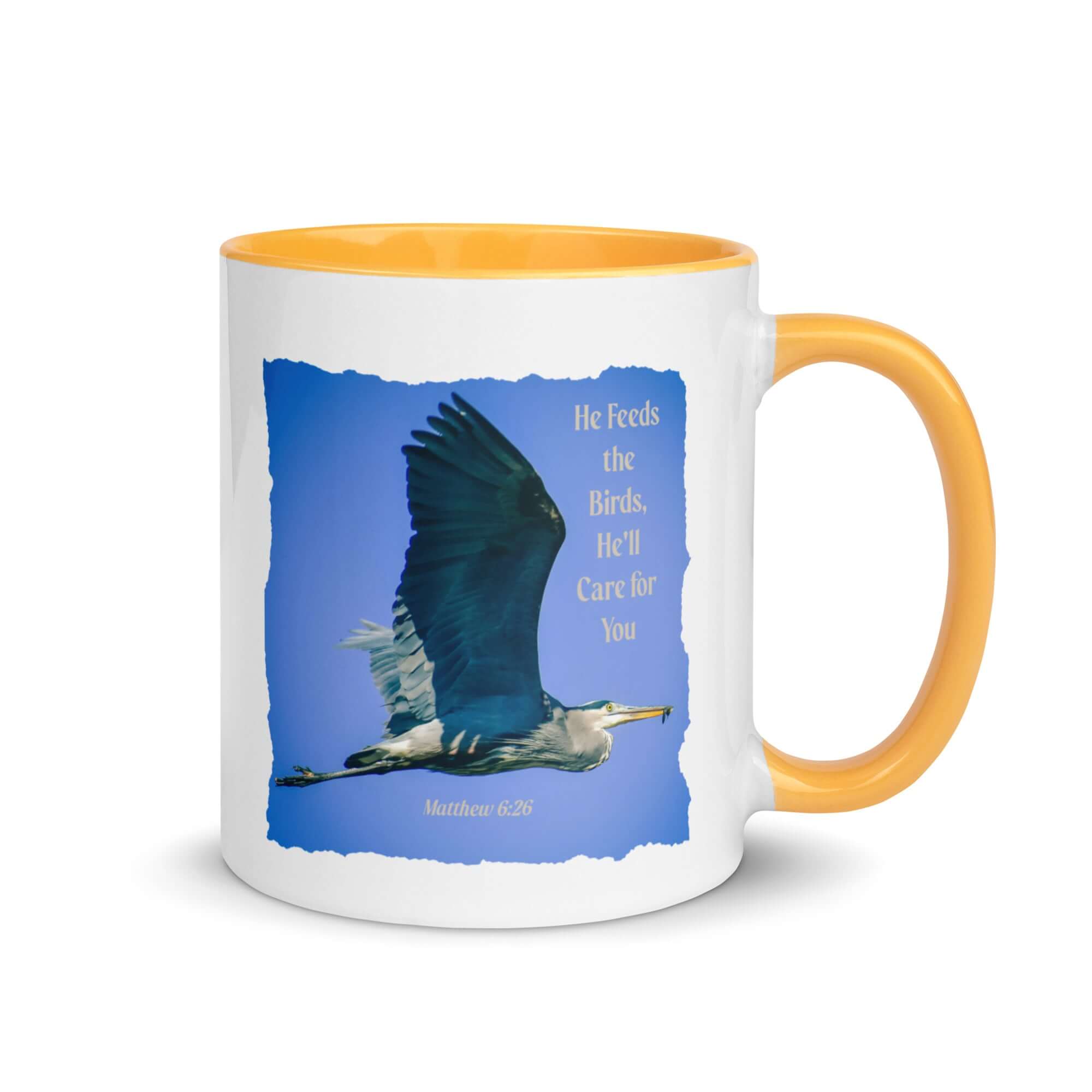 Matthew 6:26 Graceful Heron, He'll Care for You White Ceramic Mug with Color Inside Golden Yellow 11 oz