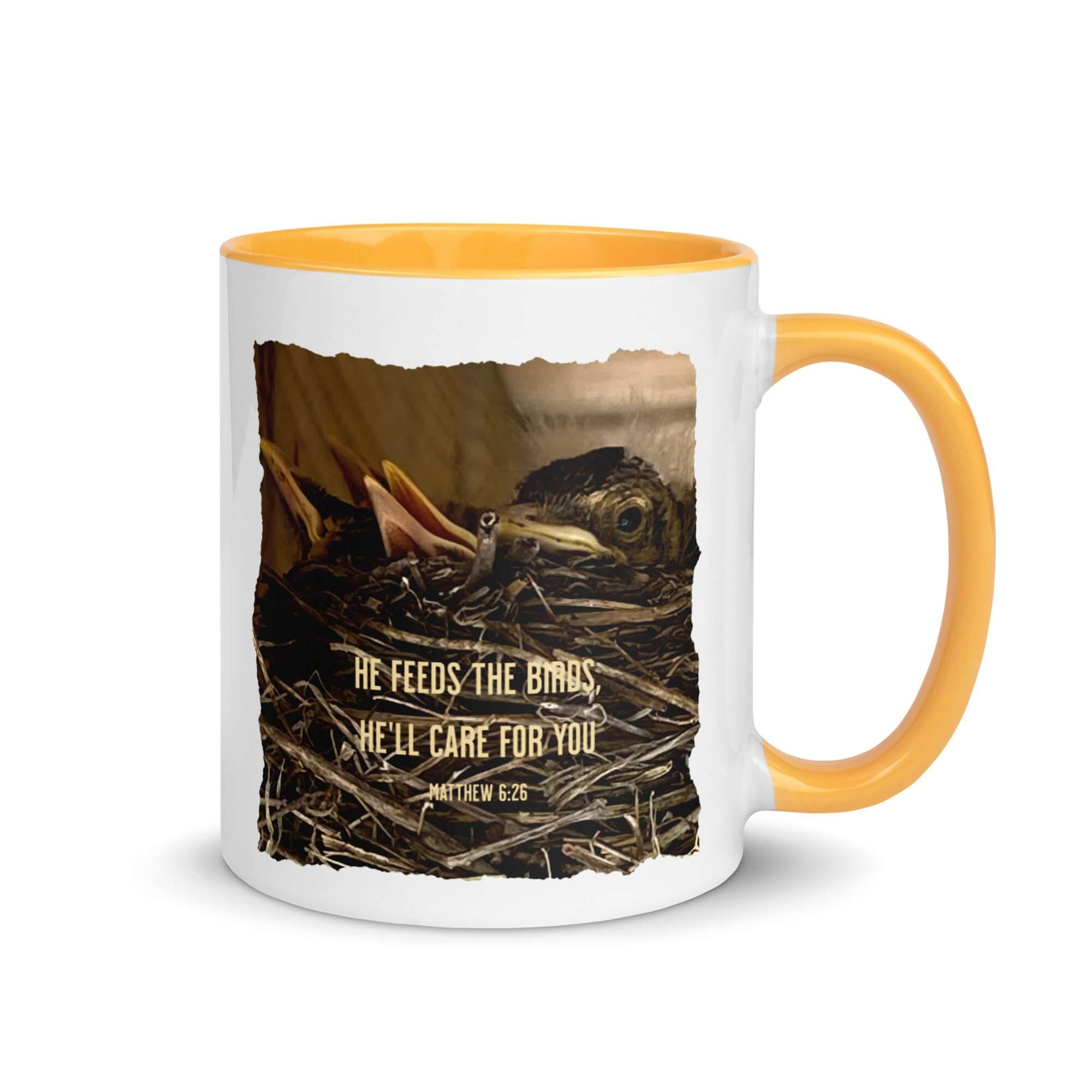 Matthew 6:26 Baby Robins, He'll Care for You White Ceramic Mug with Color Inside Golden Yellow 11 oz