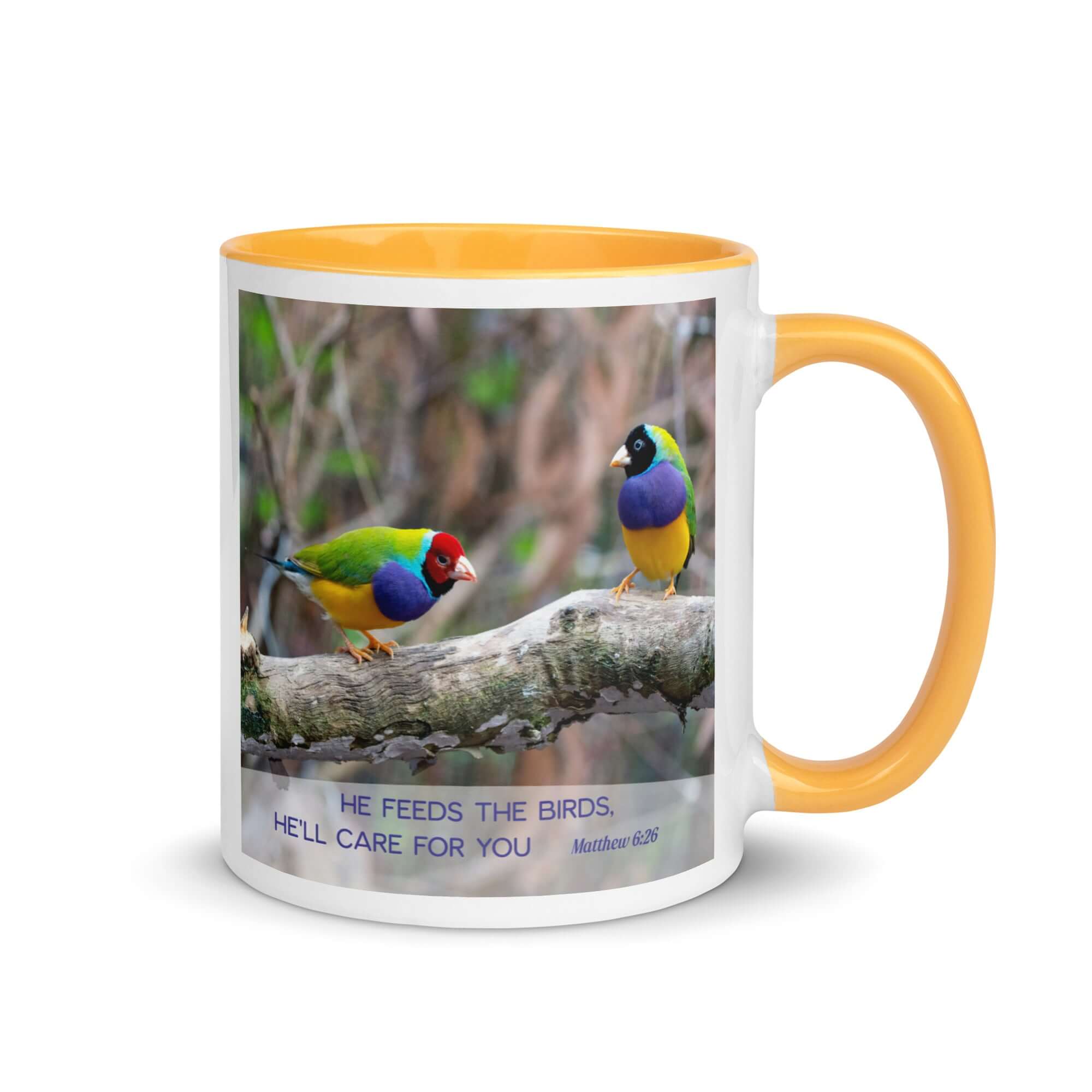 Matthew 6:26 Gouldian Finches, He'll Care for You White Ceramic Mug with Color Inside Golden Yellow 11 oz