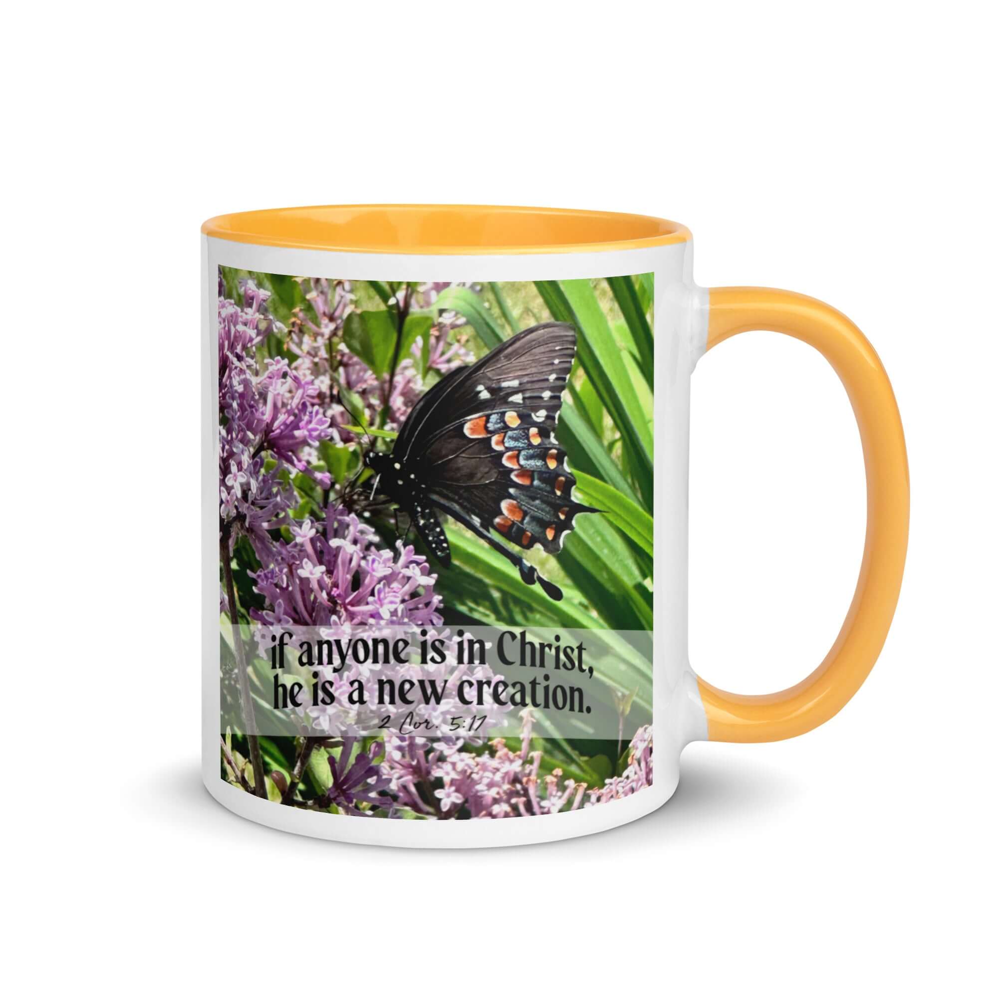 2 Corinthians 5:17 Bible Verse, Butterfly White Ceramic Mug with Color Inside Golden Yellow 11 oz
