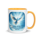 John 14:26 Bible Verse, Holy Spirit Dove White Ceramic Mug with Color Inside Golden Yellow 11 oz