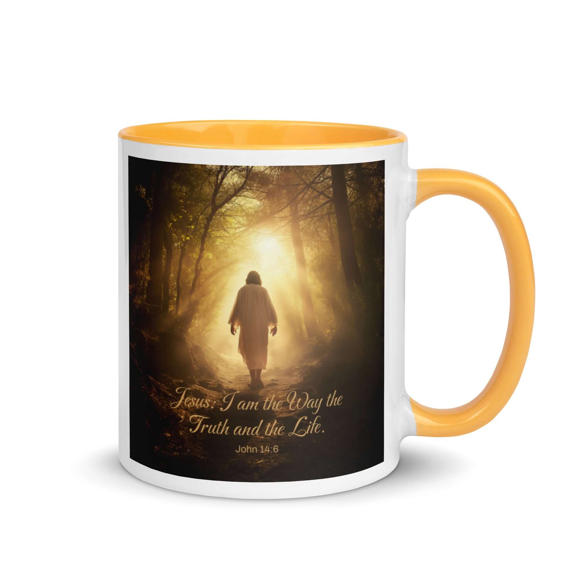 John 14:6 Bible Verse, Forest Image White Ceramic Mug with Color Inside Golden Yellow 11 oz