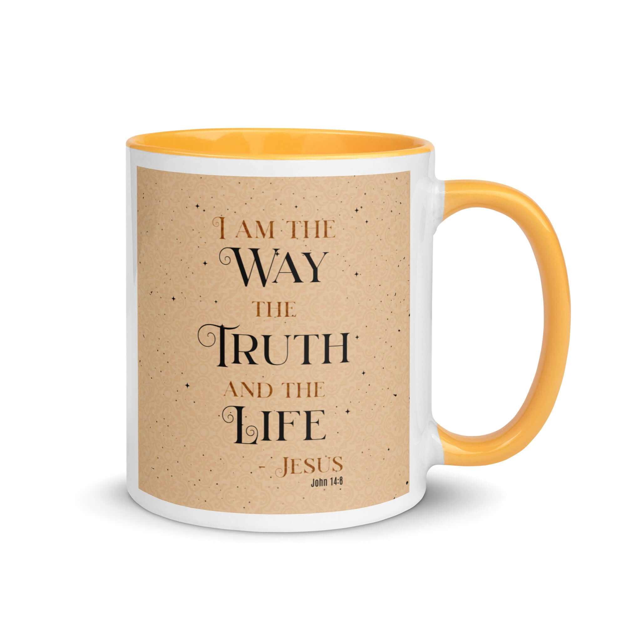 John 14:6 Bible Verse, Color Text Brown Background White Ceramic Mug with Color Inside Golden Yellow 11 oz