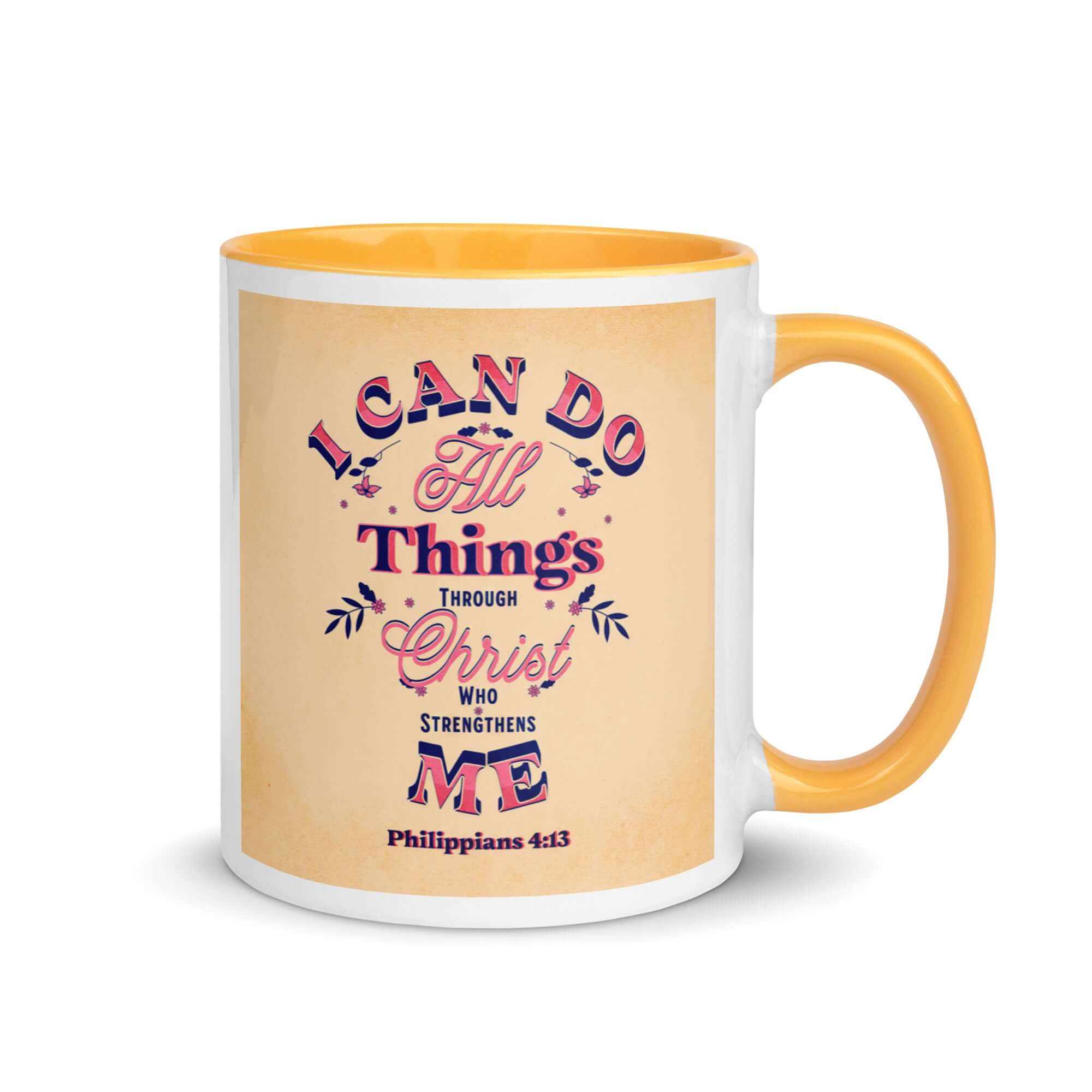 Philippians 4:13 Bible Verse, Christ Strengthens Me White Ceramic Mug with Color Inside Golden Yellow 11 oz