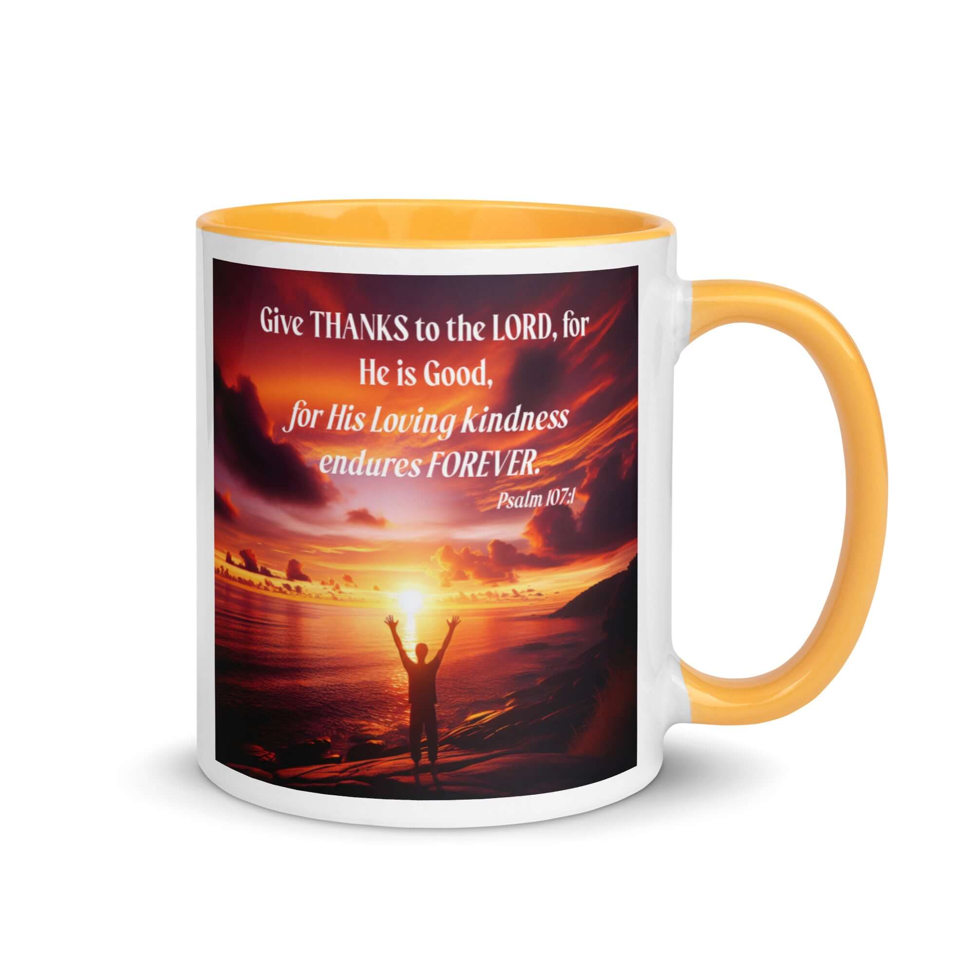 Psalm 107:1 Bible Verse, Give Thanks to the Lord White Ceramic Mug with Color Inside Golden Yellow 11 oz