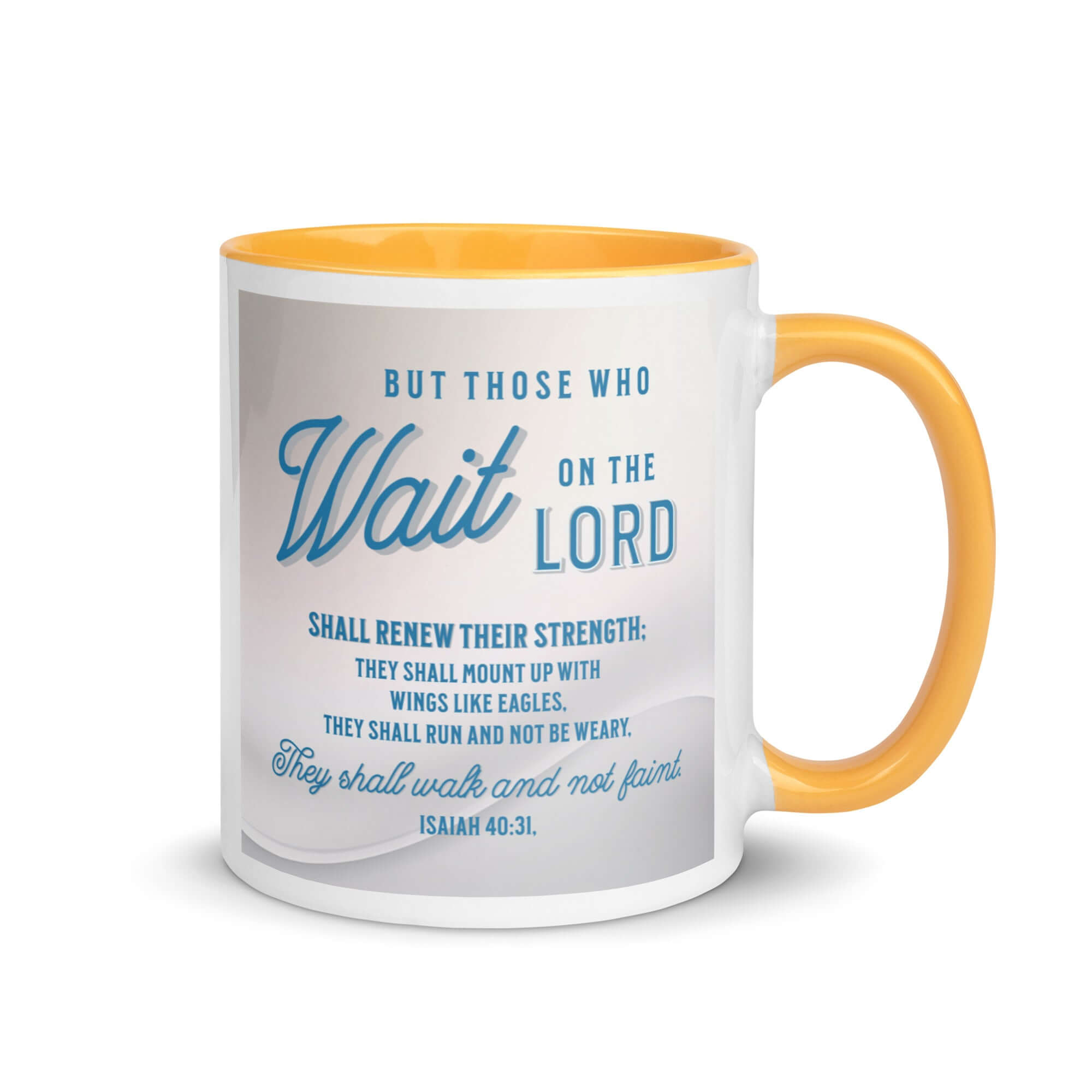 Isaiah 40:31 Bible Verse, Wings like Eagles White Ceramic Mug with Color Inside Golden Yellow 11 oz