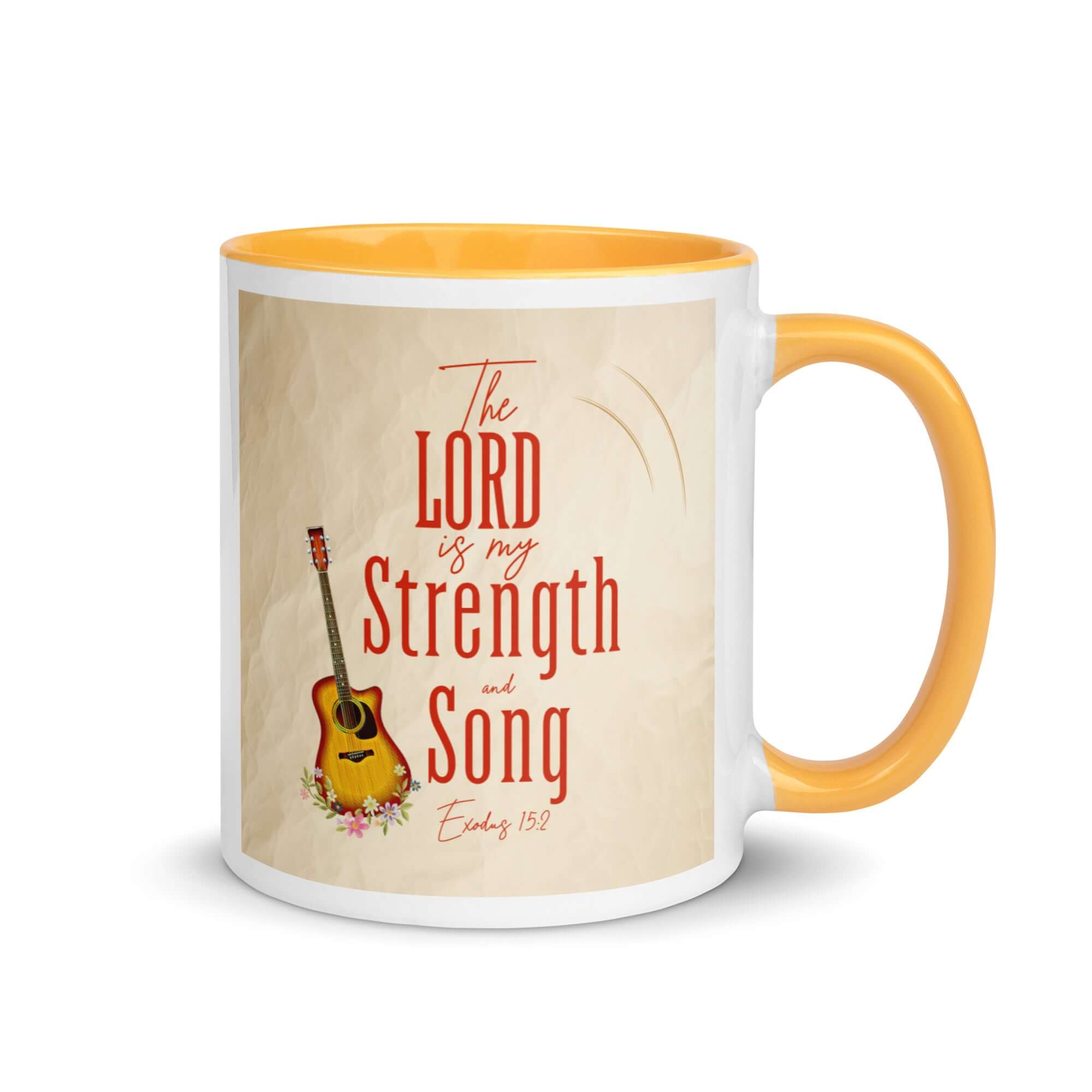 Exodus 15:2 Bible Verse, The LORD is my strength White Ceramic Mug with Color Inside Golden Yellow 11 oz