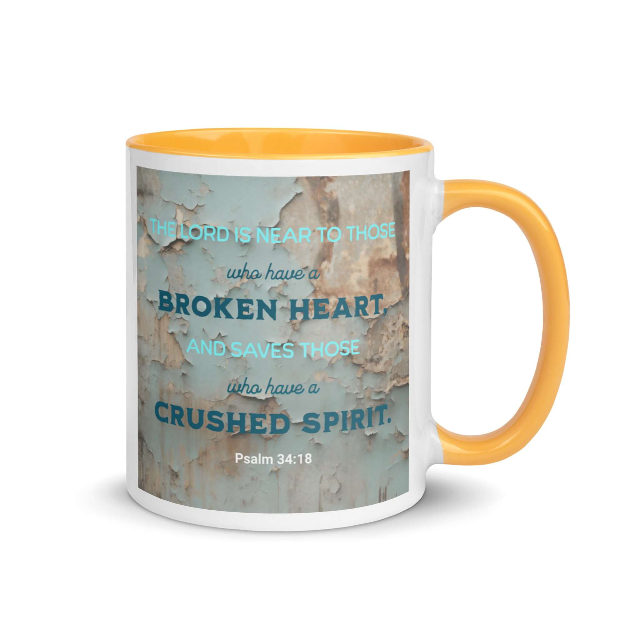 Psalm 34:18 Bible Verse, The LORD is Near White Ceramic Mug with Color Inside Golden Yellow 11 oz