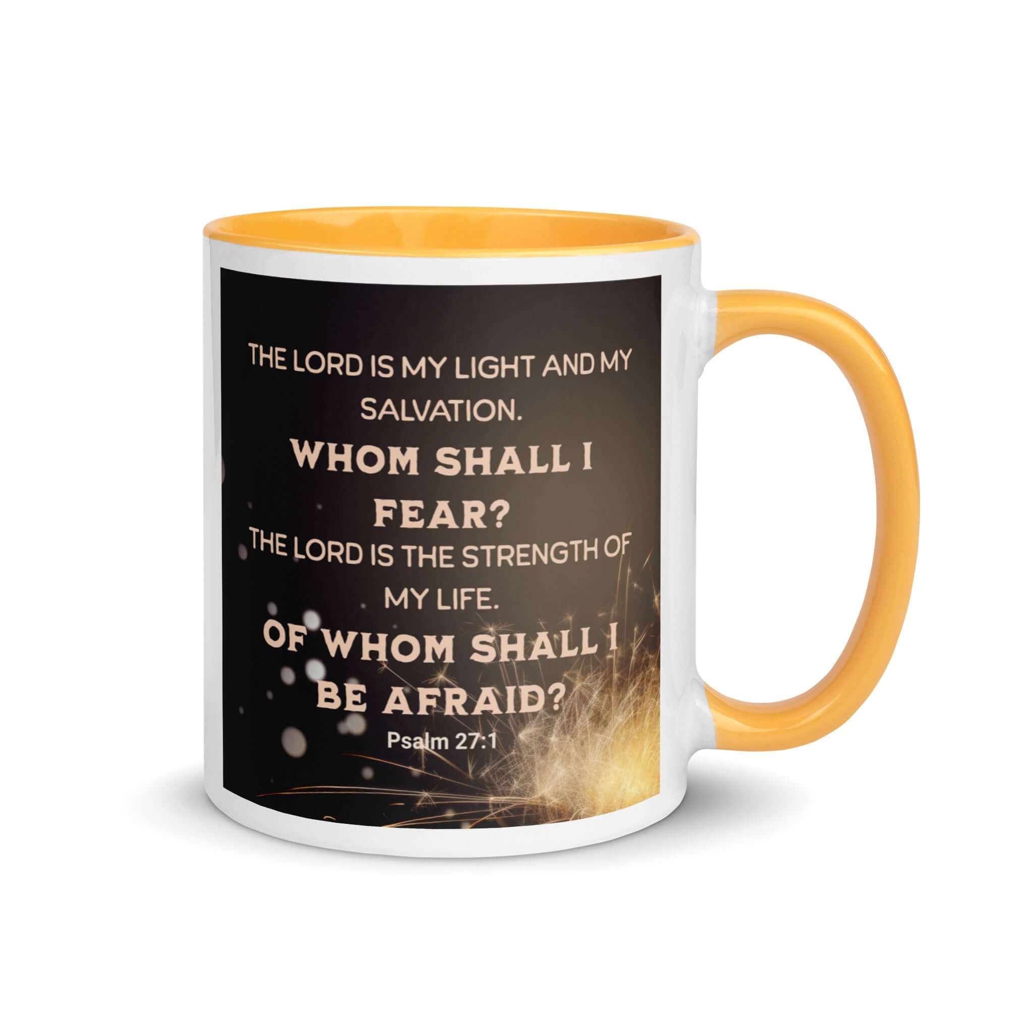 Psalm 27:1 Bible Verse, The LORD is My Light White Ceramic Mug with Color Inside Golden Yellow 11 oz