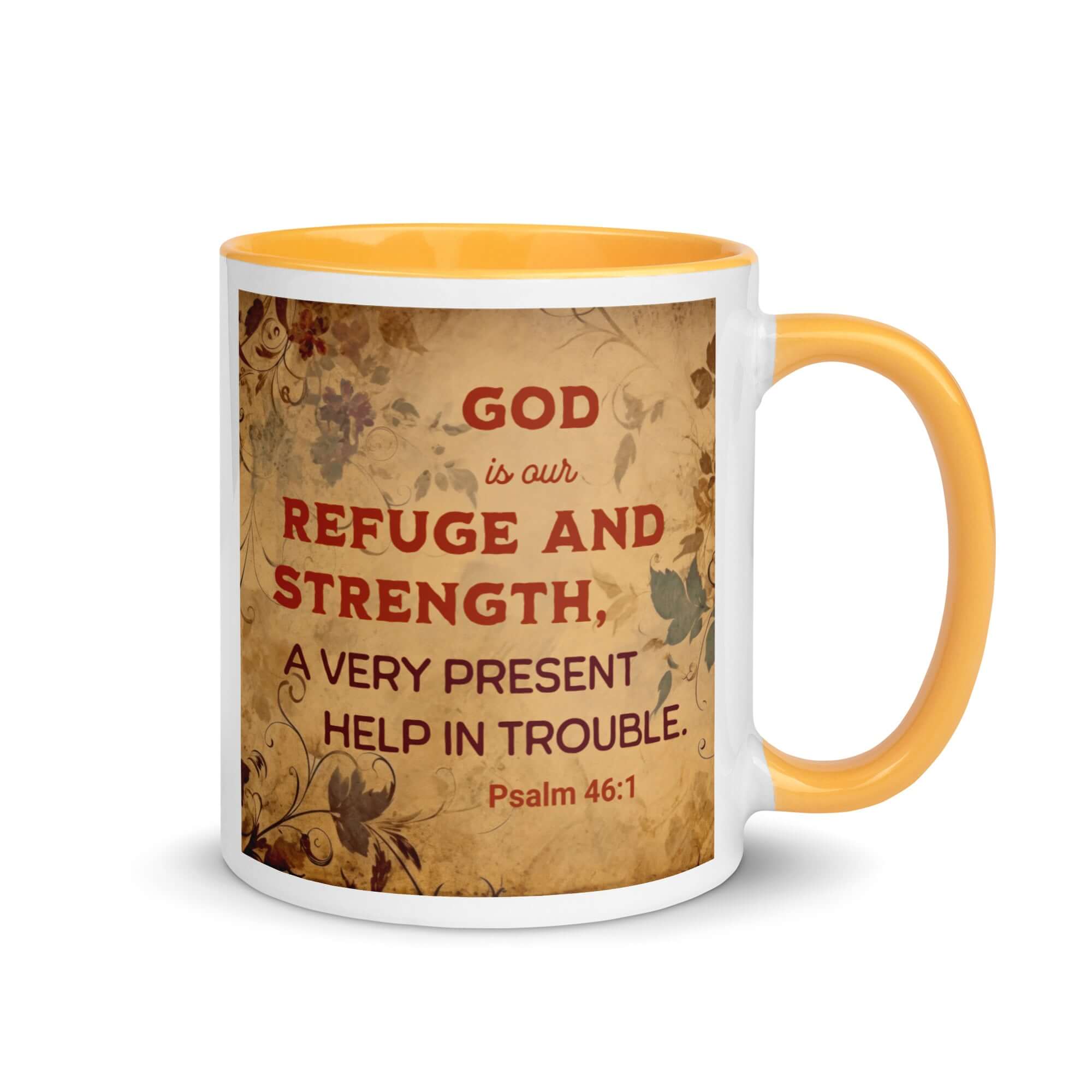 Psalm 46:1 Bible Verse, God is Our Refuge White Ceramic Mug with Color Inside Golden Yellow 11 oz