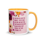 John 3:16 Bible Verse, For God So Loved White Ceramic Mug with Color Inside Golden Yellow 11 oz