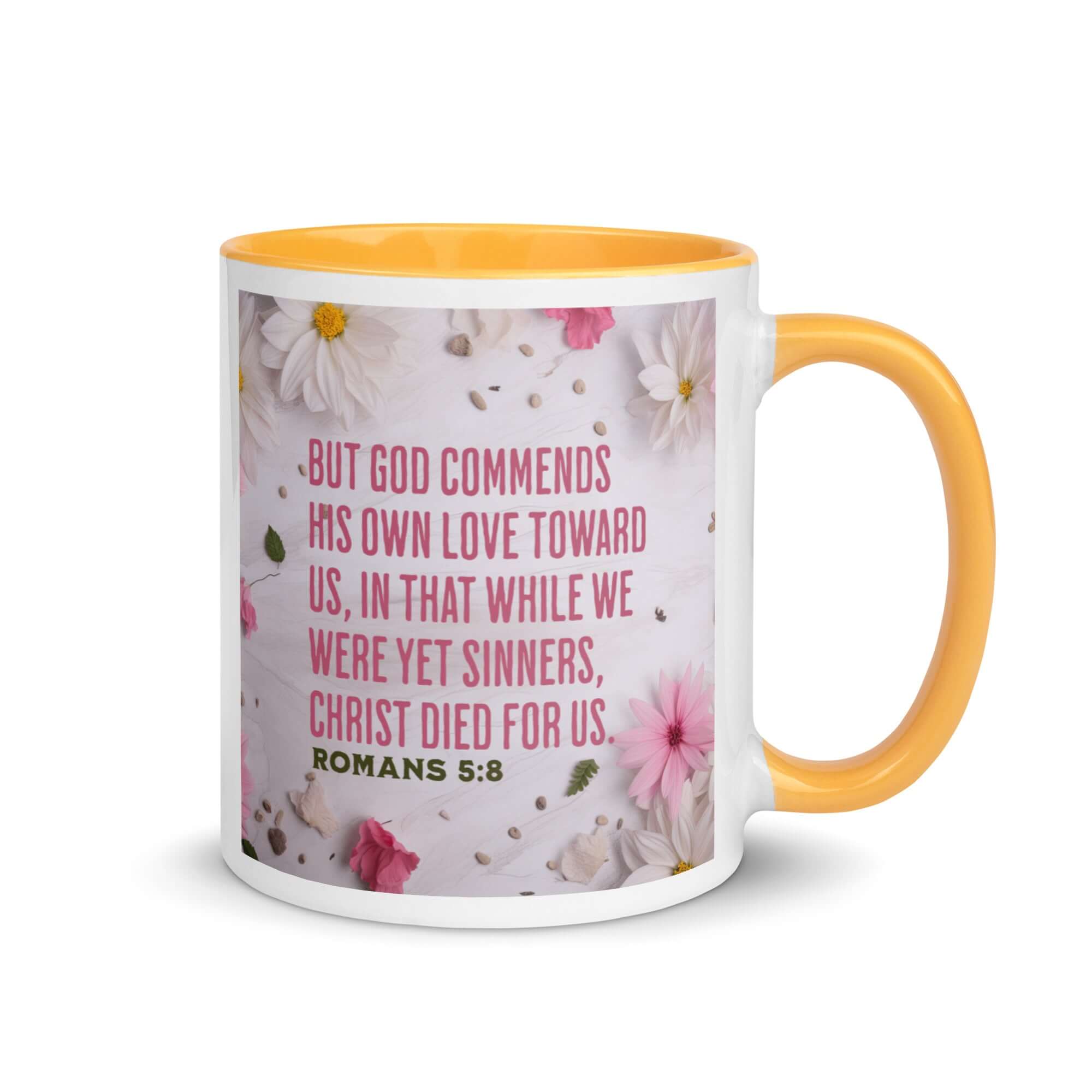 Romans 5:8 Bible Verse, Christ Died for Us White Ceramic Mug with Color Inside Golden Yellow 11 oz