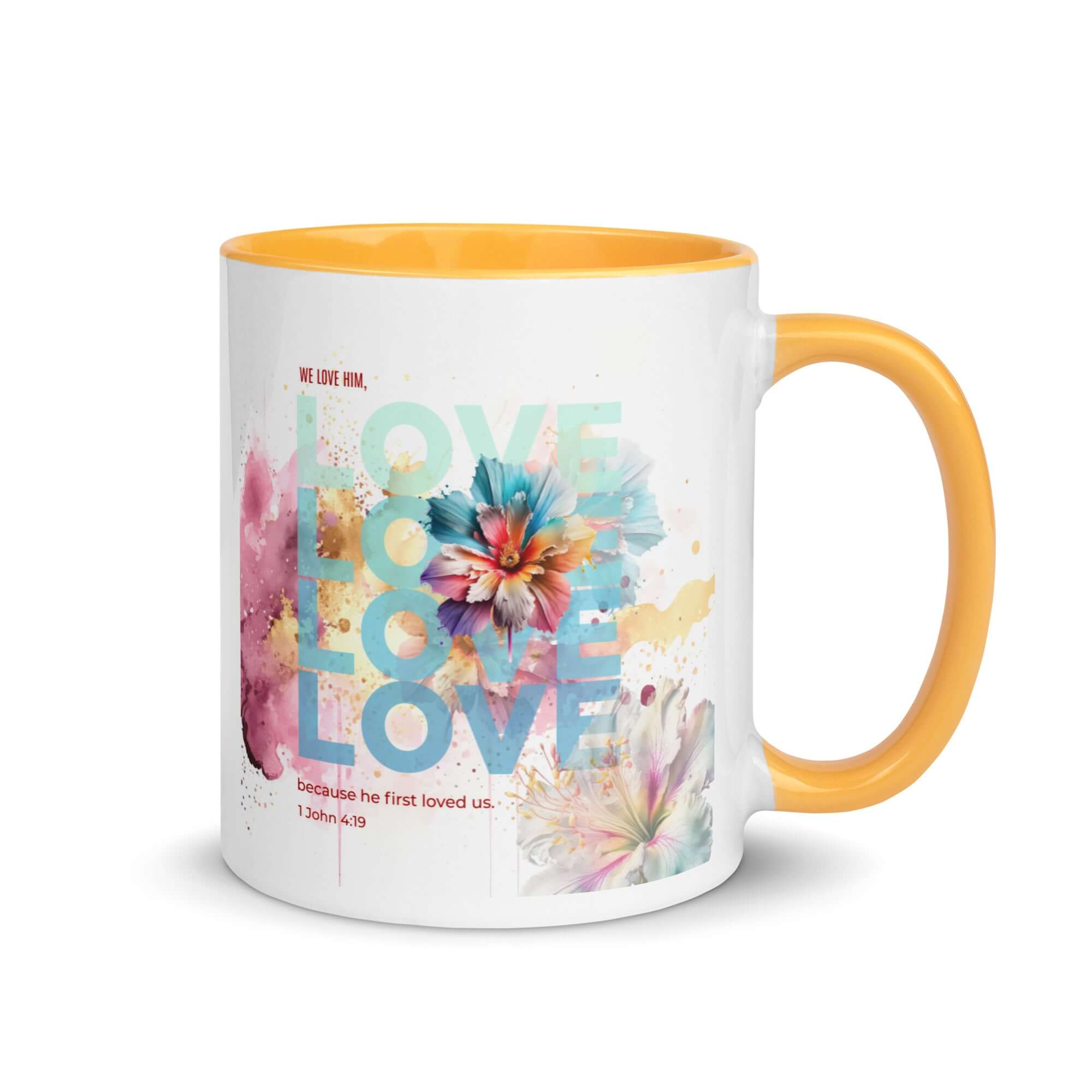 1 John 4:19 Bible Verse, We Love Him White Ceramic Mug with Color Inside Golden Yellow 11 oz