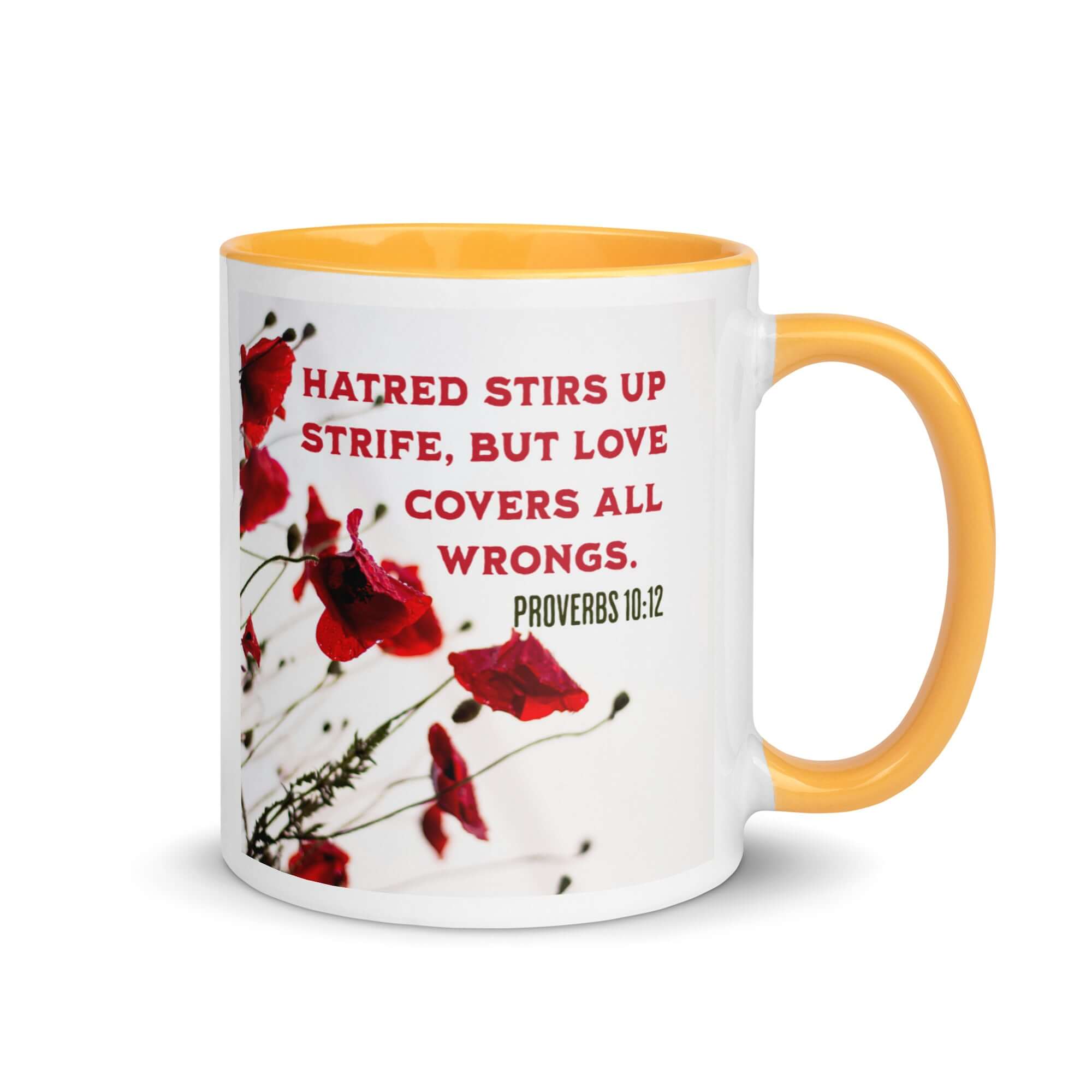 Proverbs 10:12 Bible Verse, Love Covers All White Ceramic Mug with Color Inside Golden Yellow 11 oz