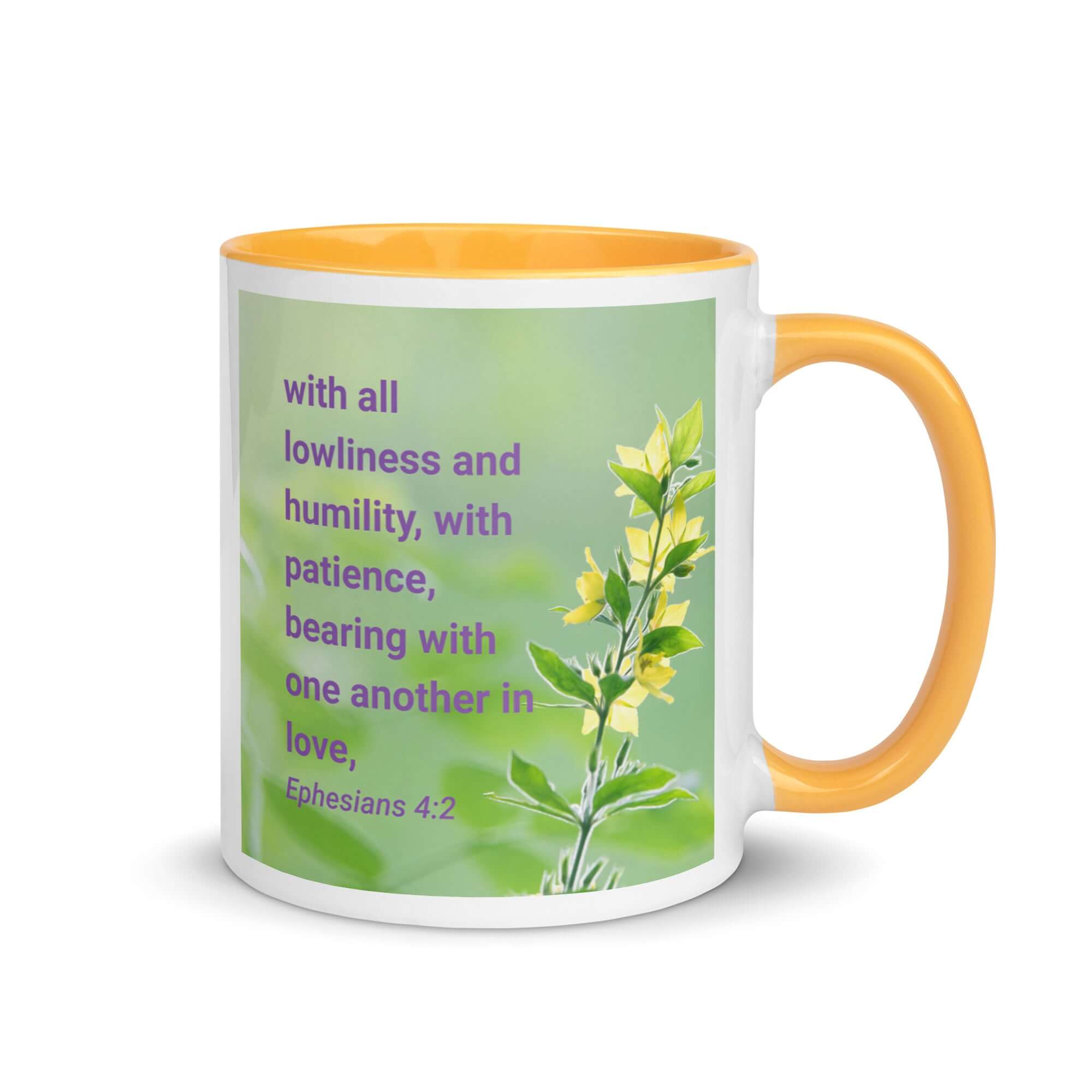 Ephesians 4:2 Bible Verse, one another in love White Ceramic Mug with Color Inside Golden Yellow 11 oz
