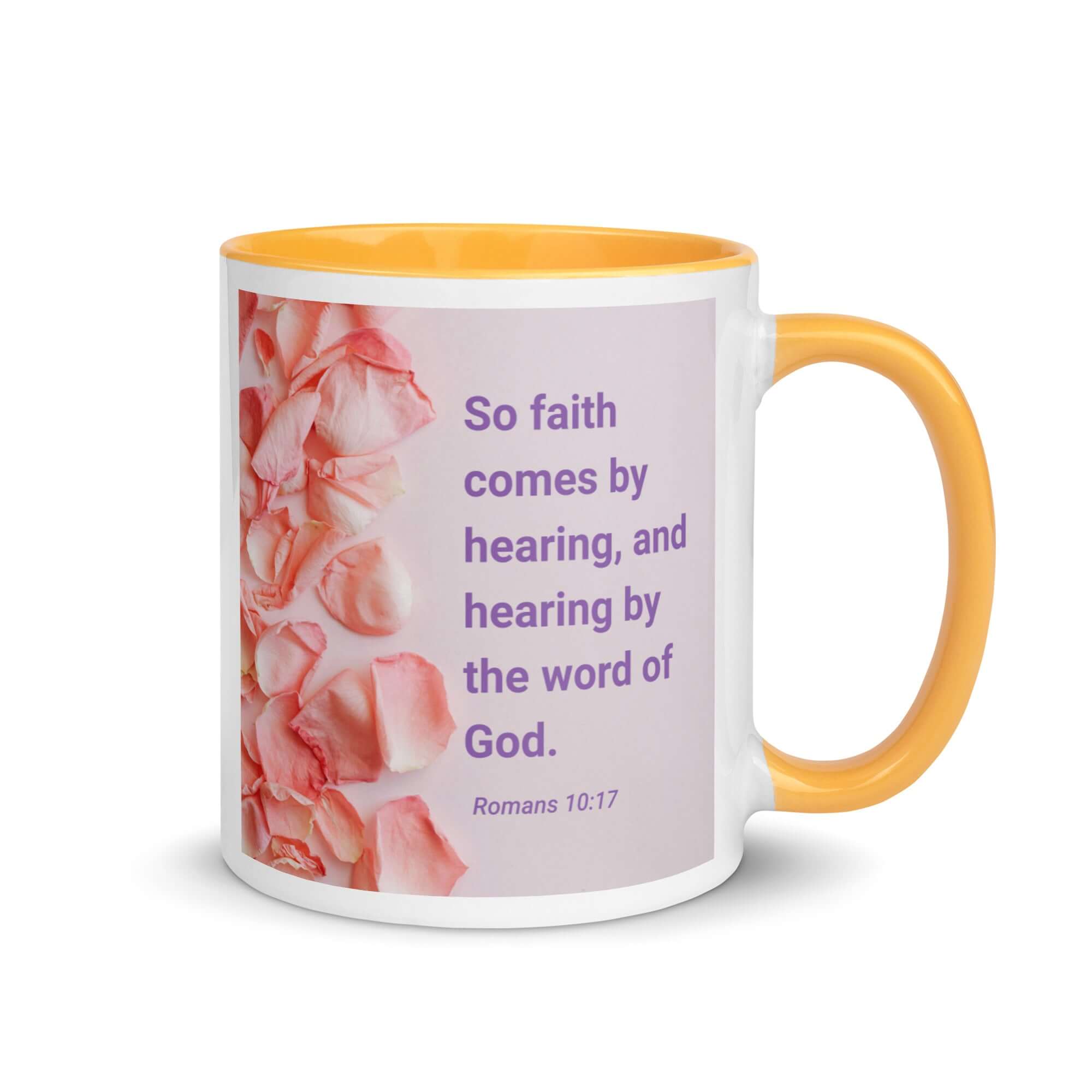 Romans 10:17 Bible Verse, faith comes by White Ceramic Mug with Color Inside Golden Yellow 11 oz