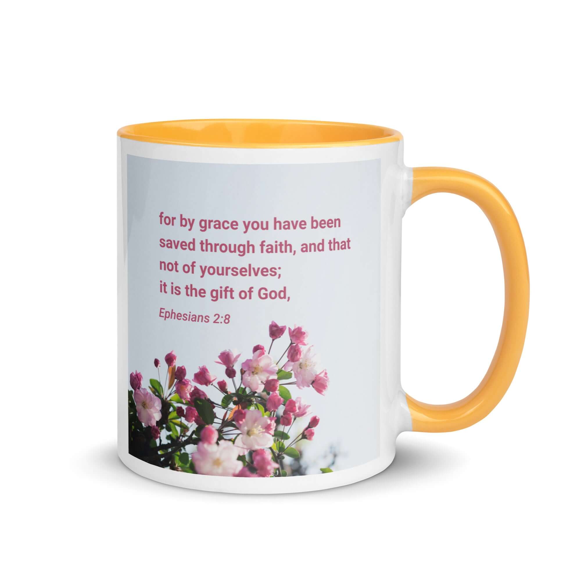 Ephesians 2:8 Bible Verse, saved through faith White Ceramic Mug with Color Inside Golden Yellow 11 oz