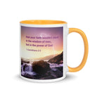 1 Corinthians 2:5 Bible Verse, power of God White Ceramic Mug with Color Inside Golden Yellow 11 oz