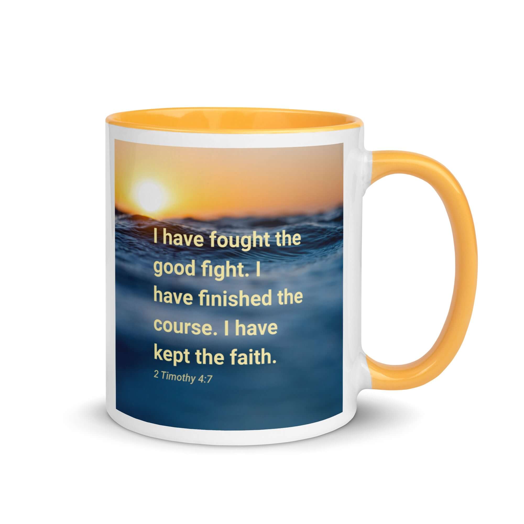 2 Timothy 4:7 Bible Verse, kept the faith White Ceramic Mug with Color Inside Golden Yellow 11 oz
