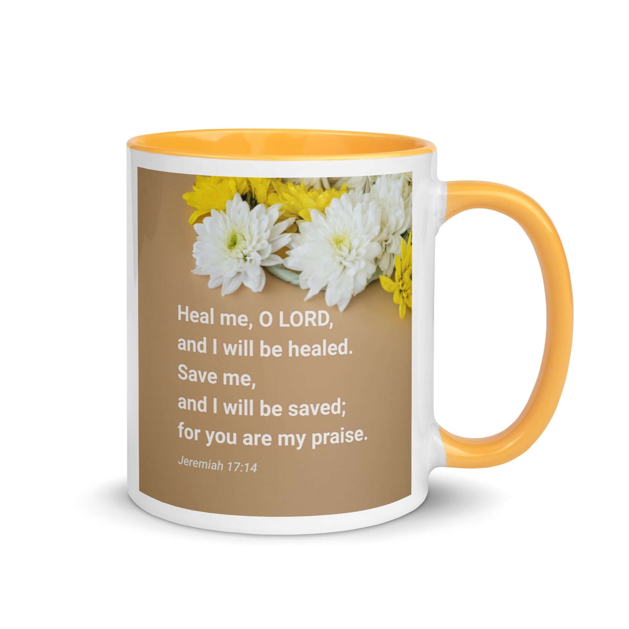 Jeremiah 17:14 Bible Verse, Heal me, O LORD White Ceramic Mug with Color Inside Golden Yellow 11 oz