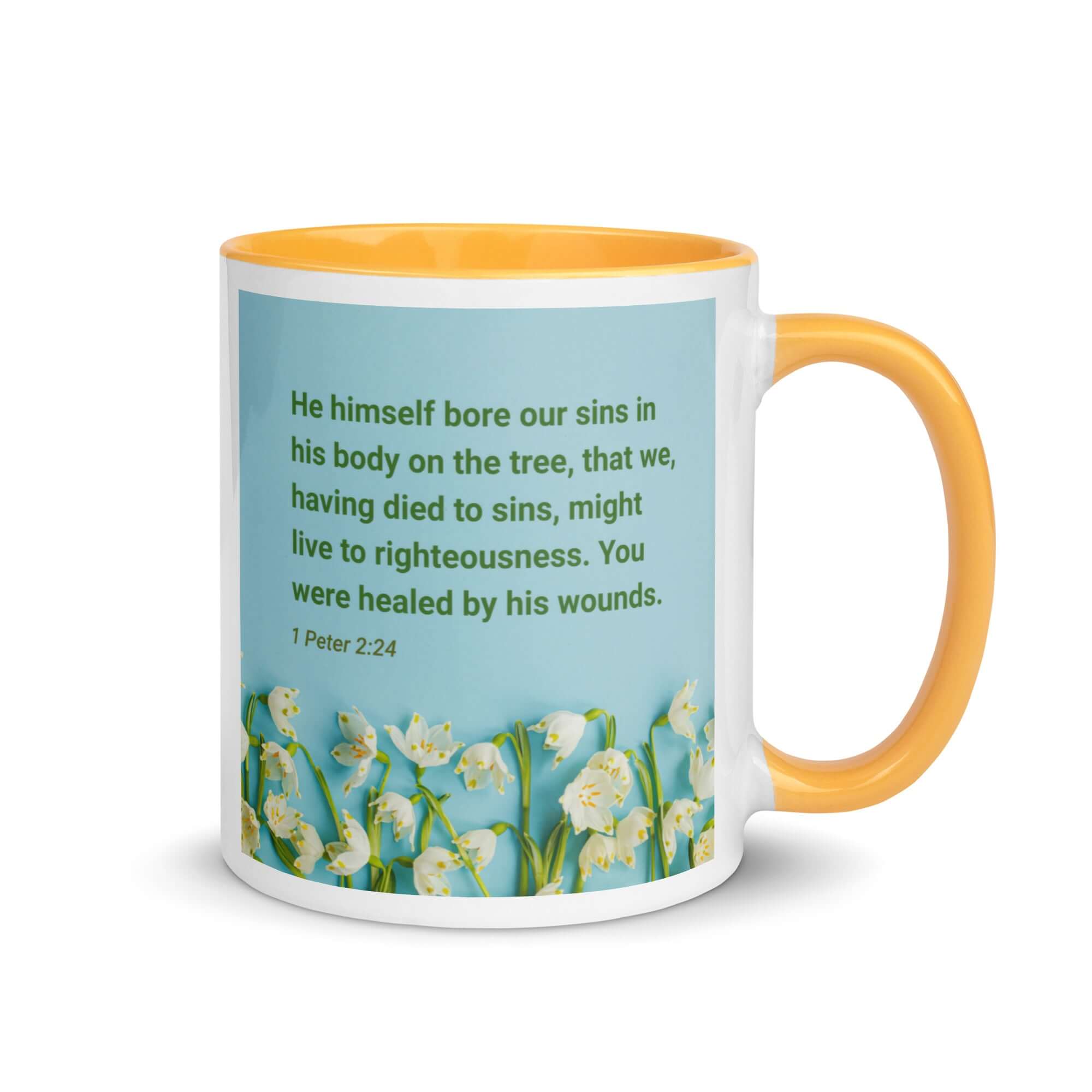1 Peter 2:24 Bible Verse, healed by His wounds White Ceramic Mug with Color Inside Golden Yellow 11 oz