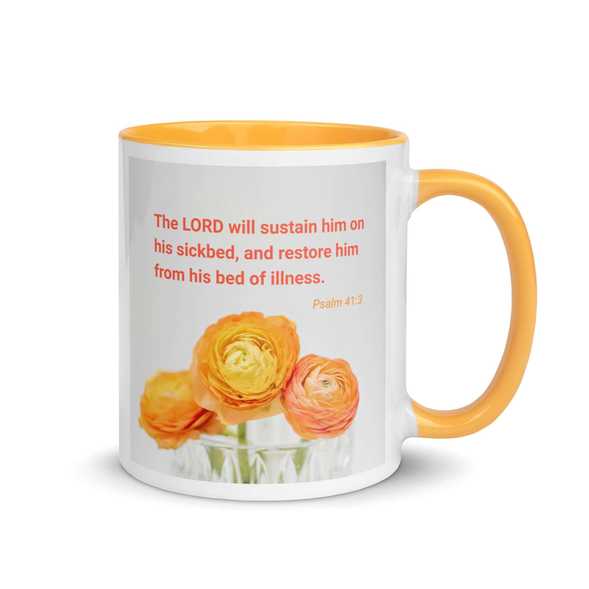 Psalm 41:3 Bible Verse, LORD will sustain White Ceramic Mug with Color Inside Golden Yellow 11 oz