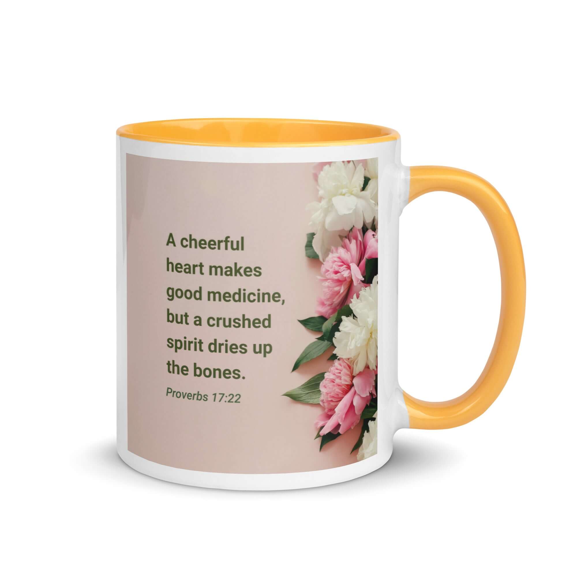 Proverbs 17:22 Bible Verse, good medicine White Ceramic Mug with Color Inside Golden Yellow 11 oz