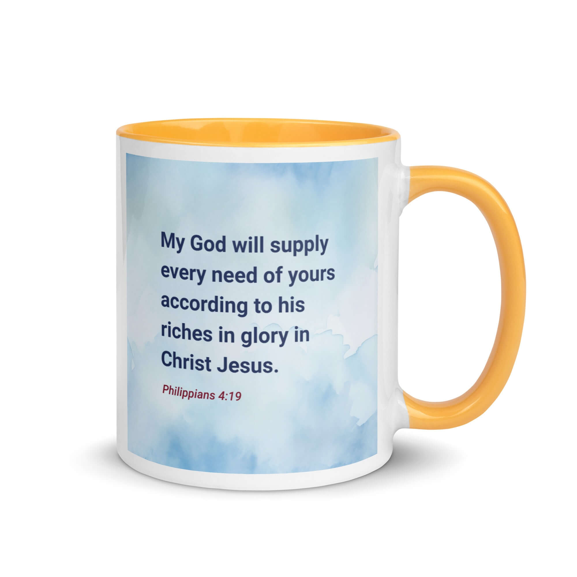 Philippians 4:19 Bible Verse, God will supply White Ceramic Mug with Color Inside Golden Yellow 11 oz