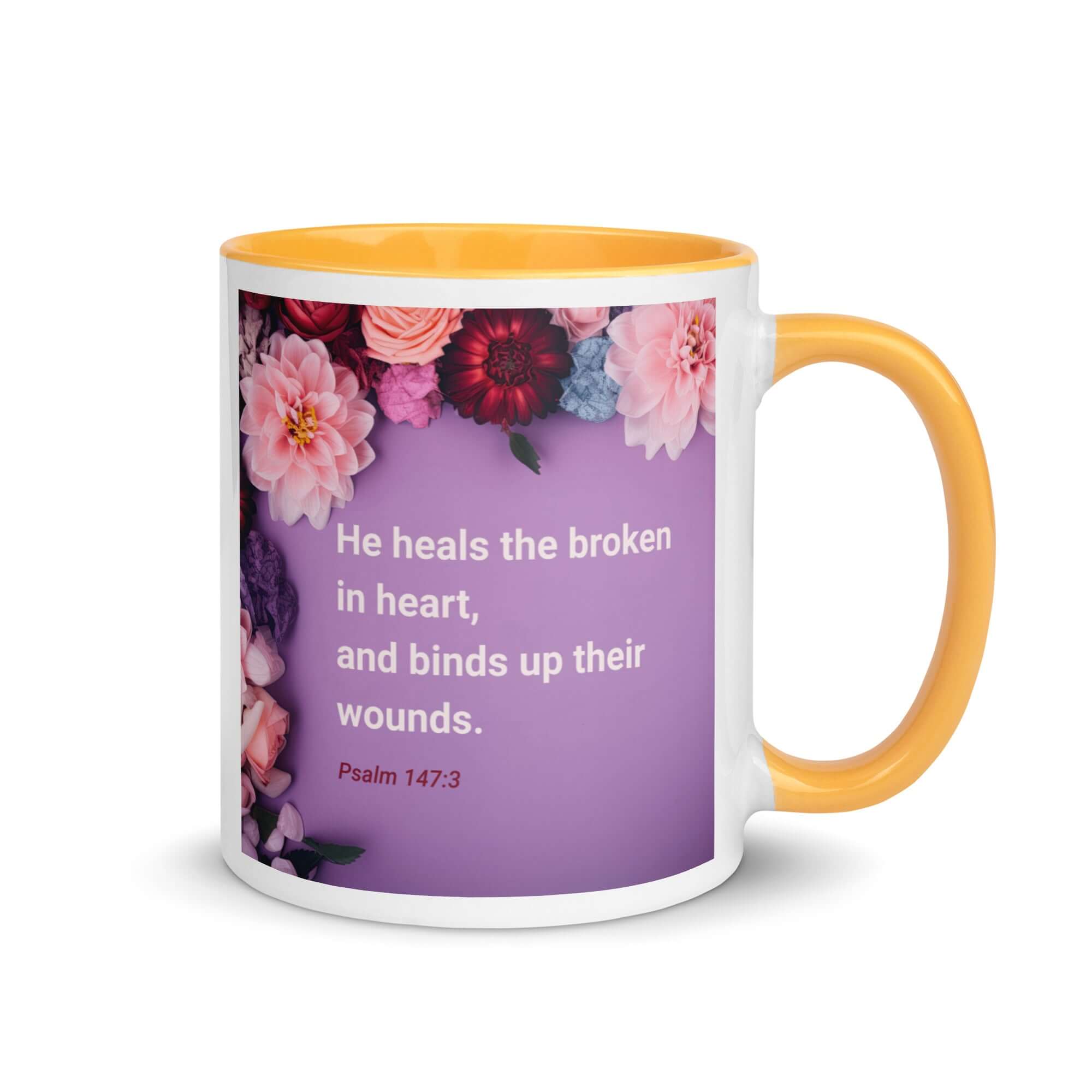 Psalm 147:3 Bible Verse, He heals the broken White Ceramic Mug with Color Inside Golden Yellow 11 oz
